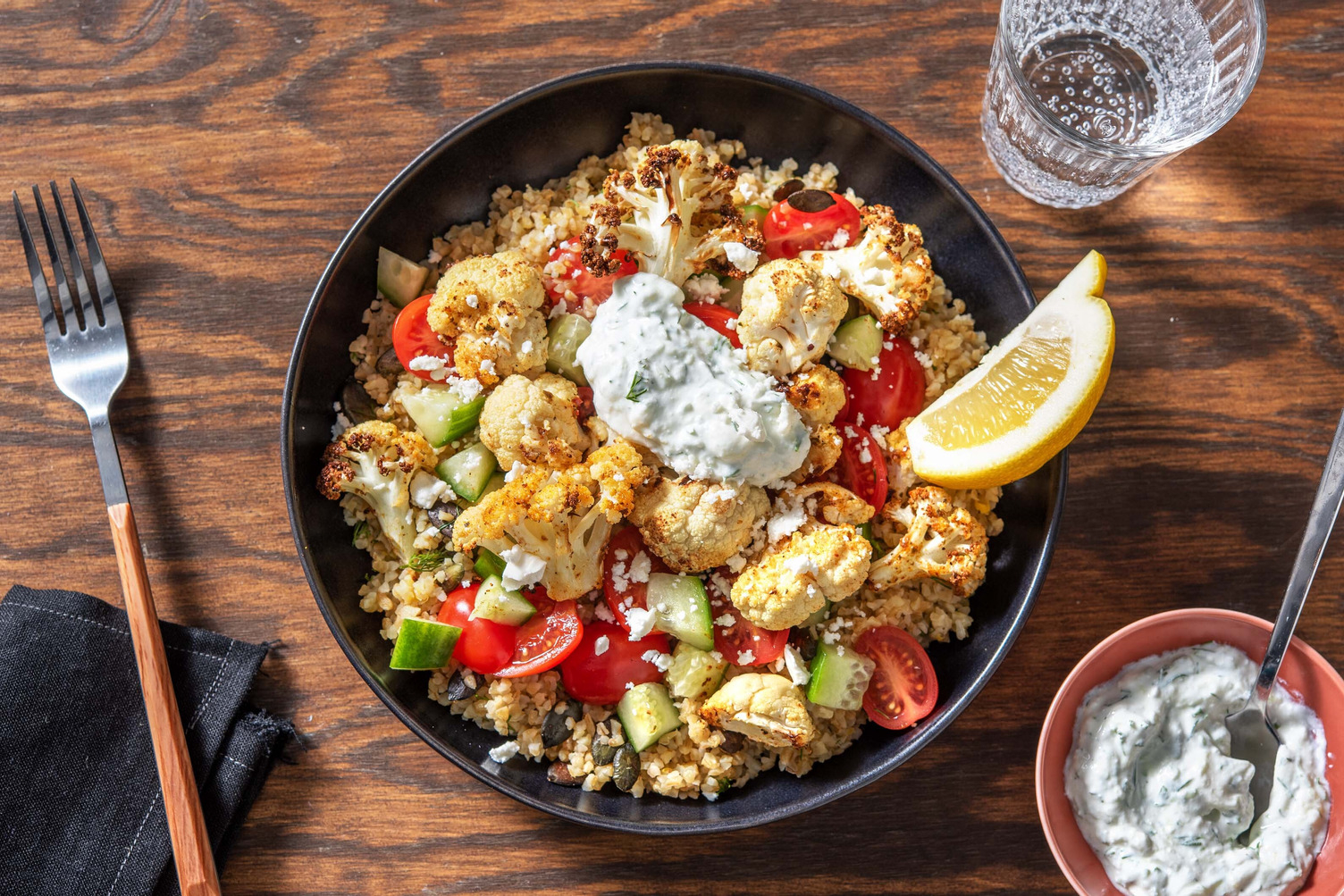 Greek Roasted Cauliflower and Bulgur Pilaf