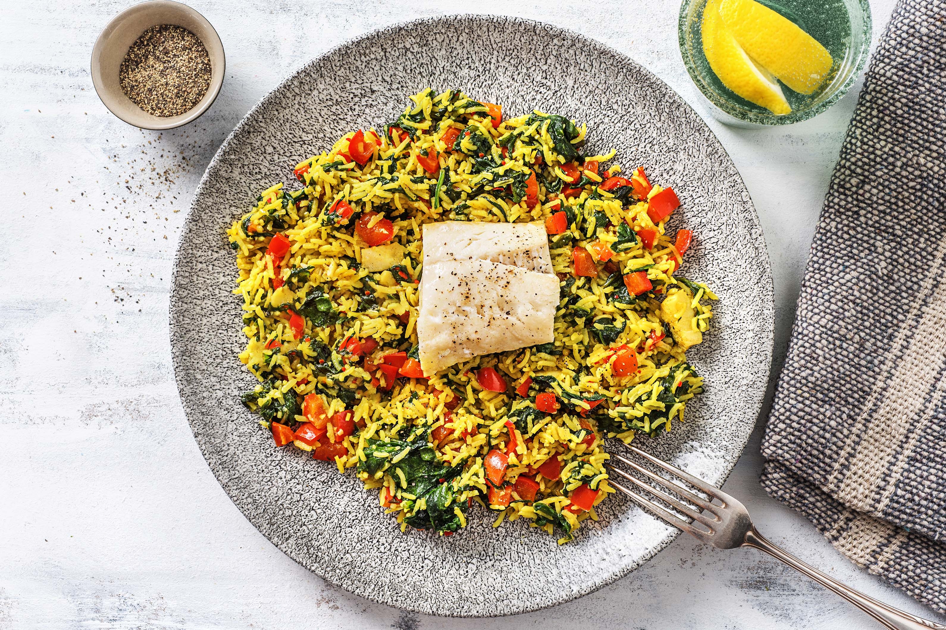 Pilaf et cabillaud à la vapeur