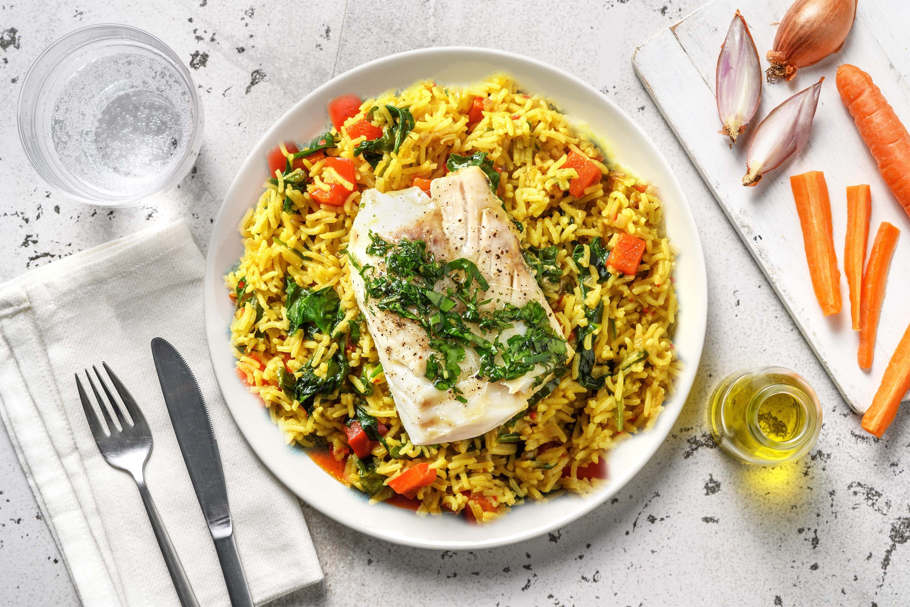 Pilaf et cabillaud à la vapeur