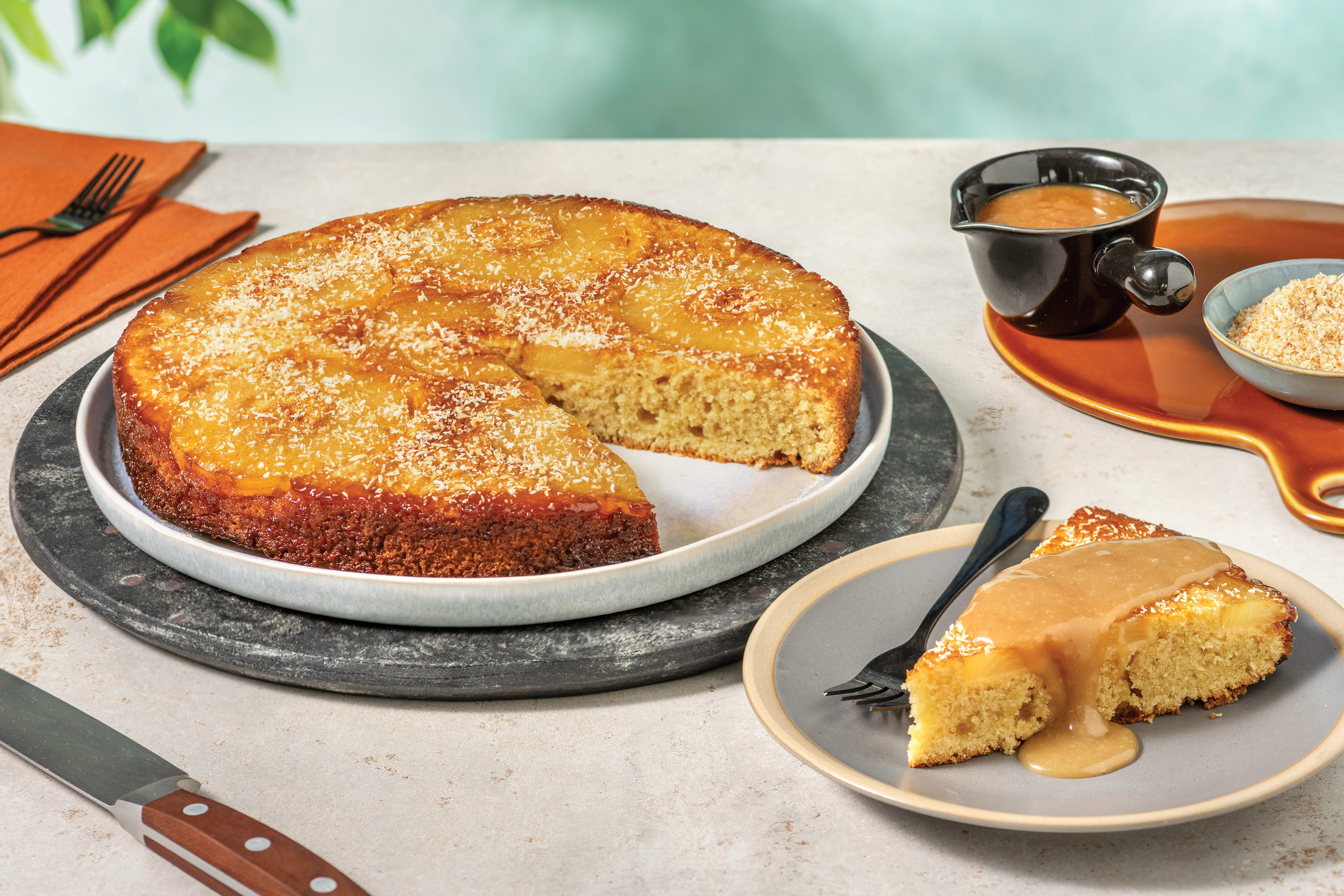 Pineapple Upside Down Cake with Caramel & Toasted Coconut