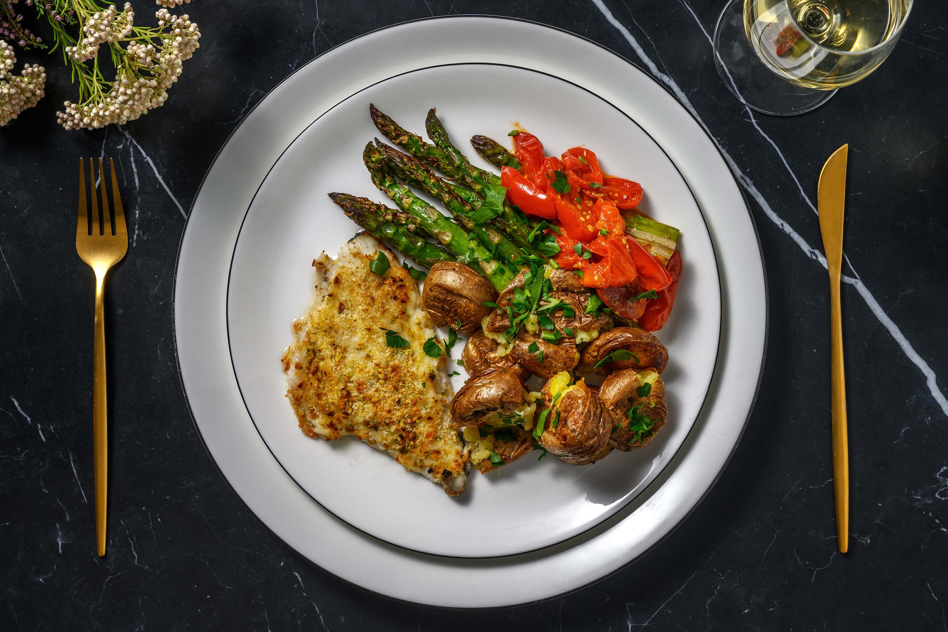 Pistachio Crusted Sea Bream and Smashed Potatoes