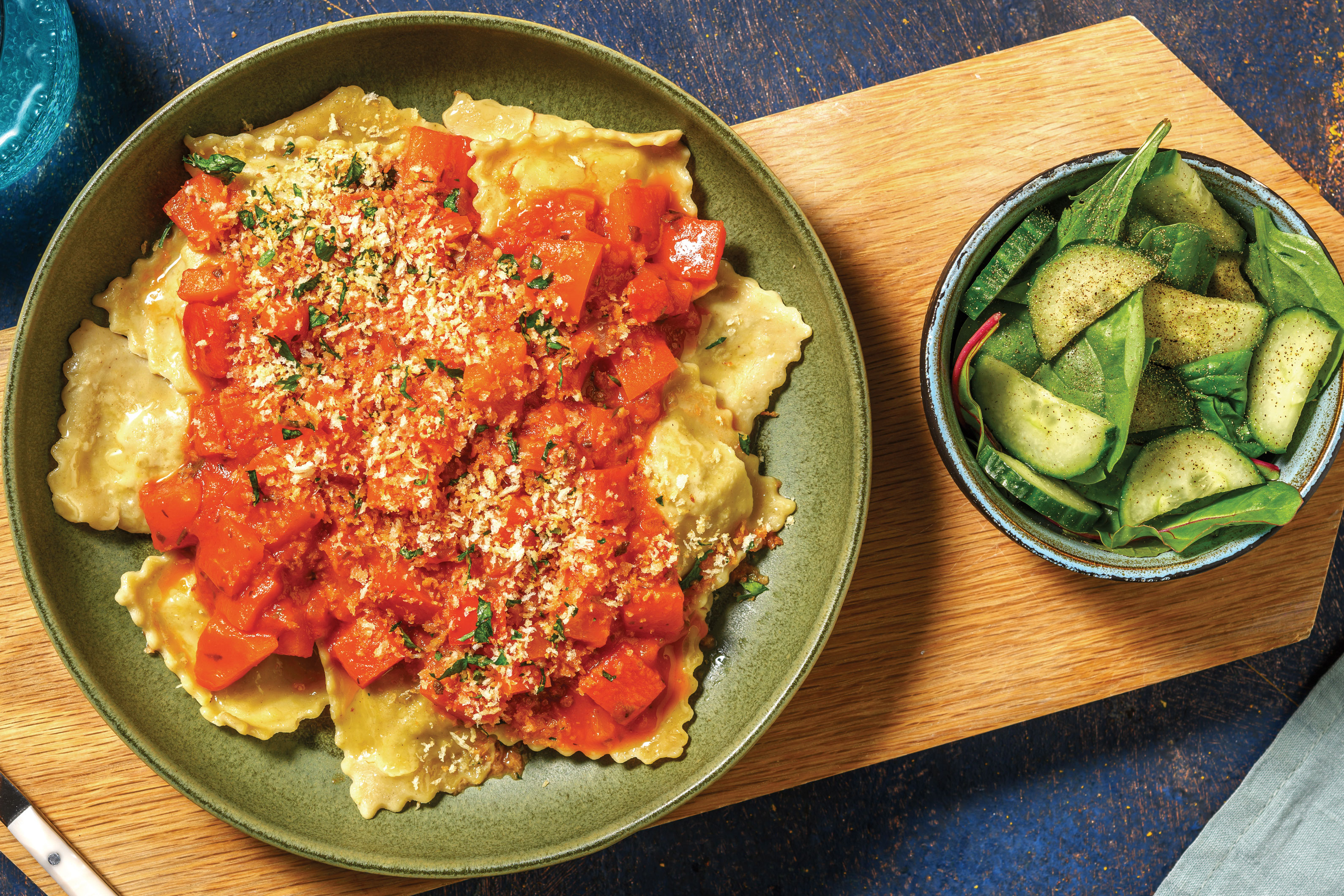 Plant-Based Beef Ravioli & Capsicum Sauce