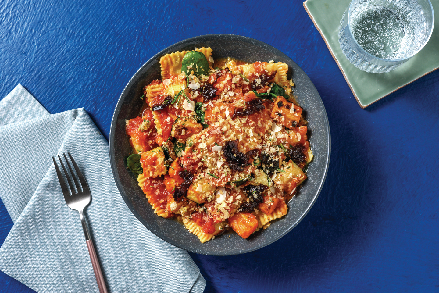 Plant-Based Beef Ravioli & Veggie Sauce