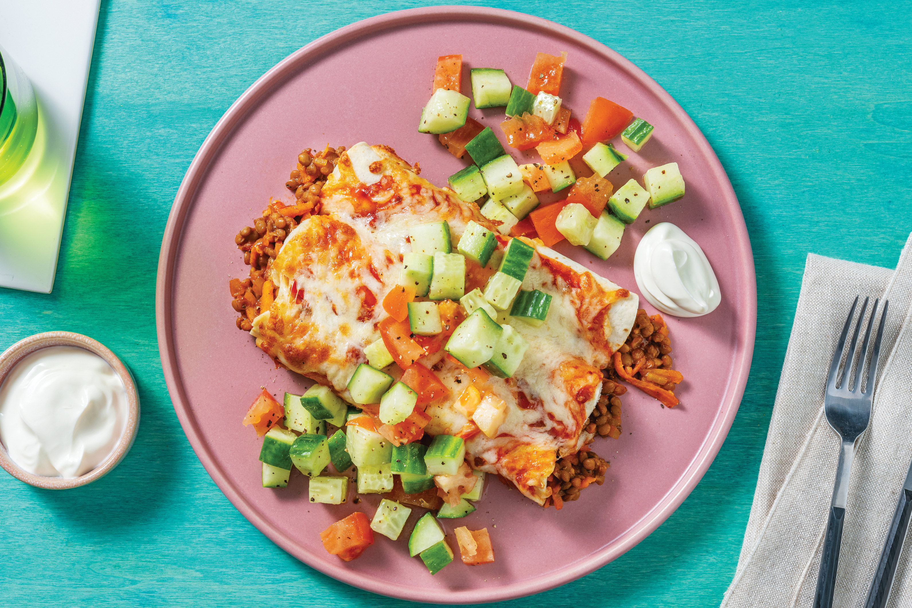 Plant-Based Cheezy Lentil Enchiladas