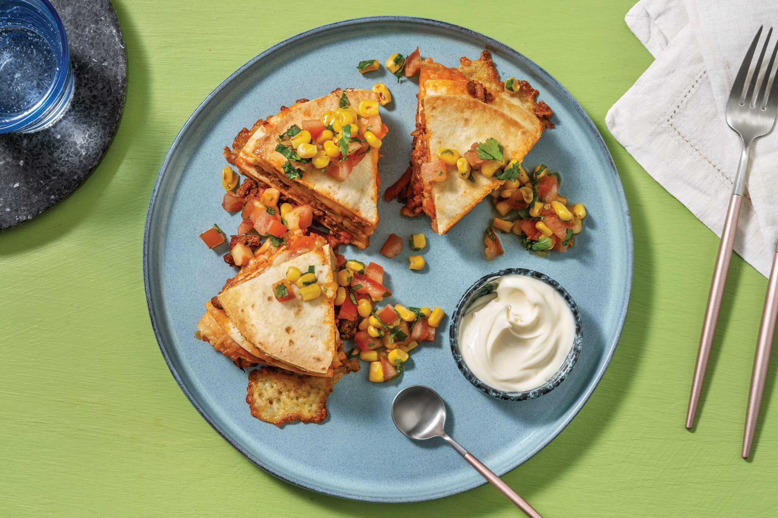 Plant-Based Cheezy Mince Tortilla Stack