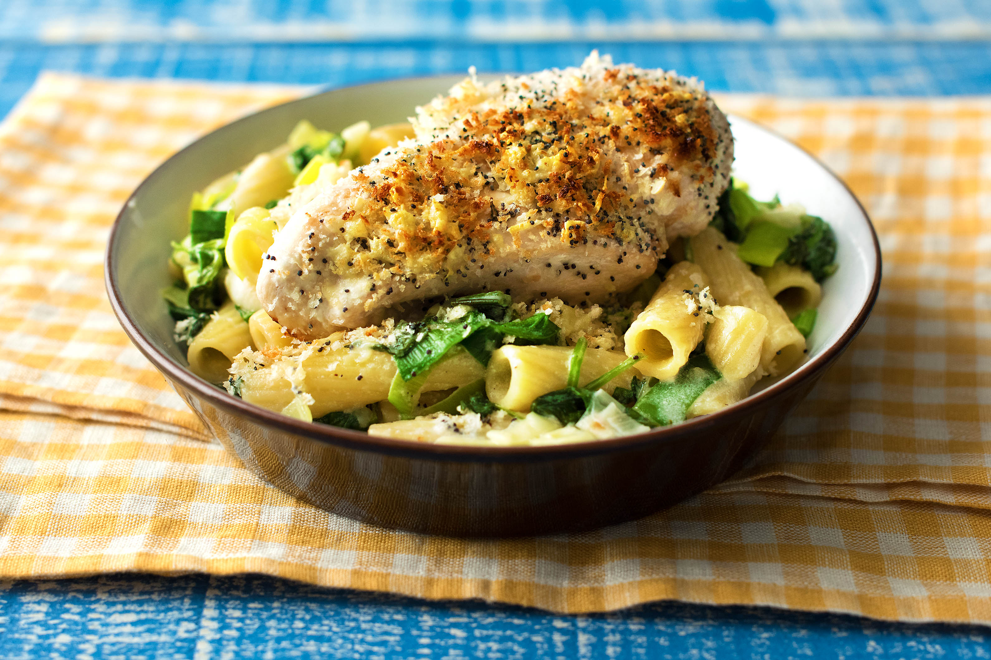 Poppy Seed Crusted Chicken With Creamy Rigatoni