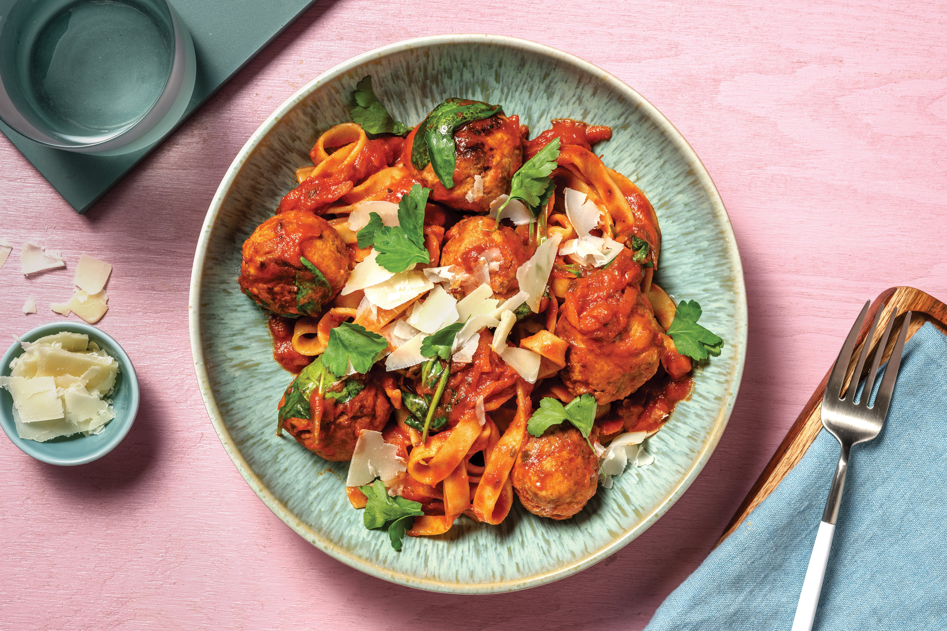Pork & Red Pesto Meatballs with Fettuccine & Parmesan