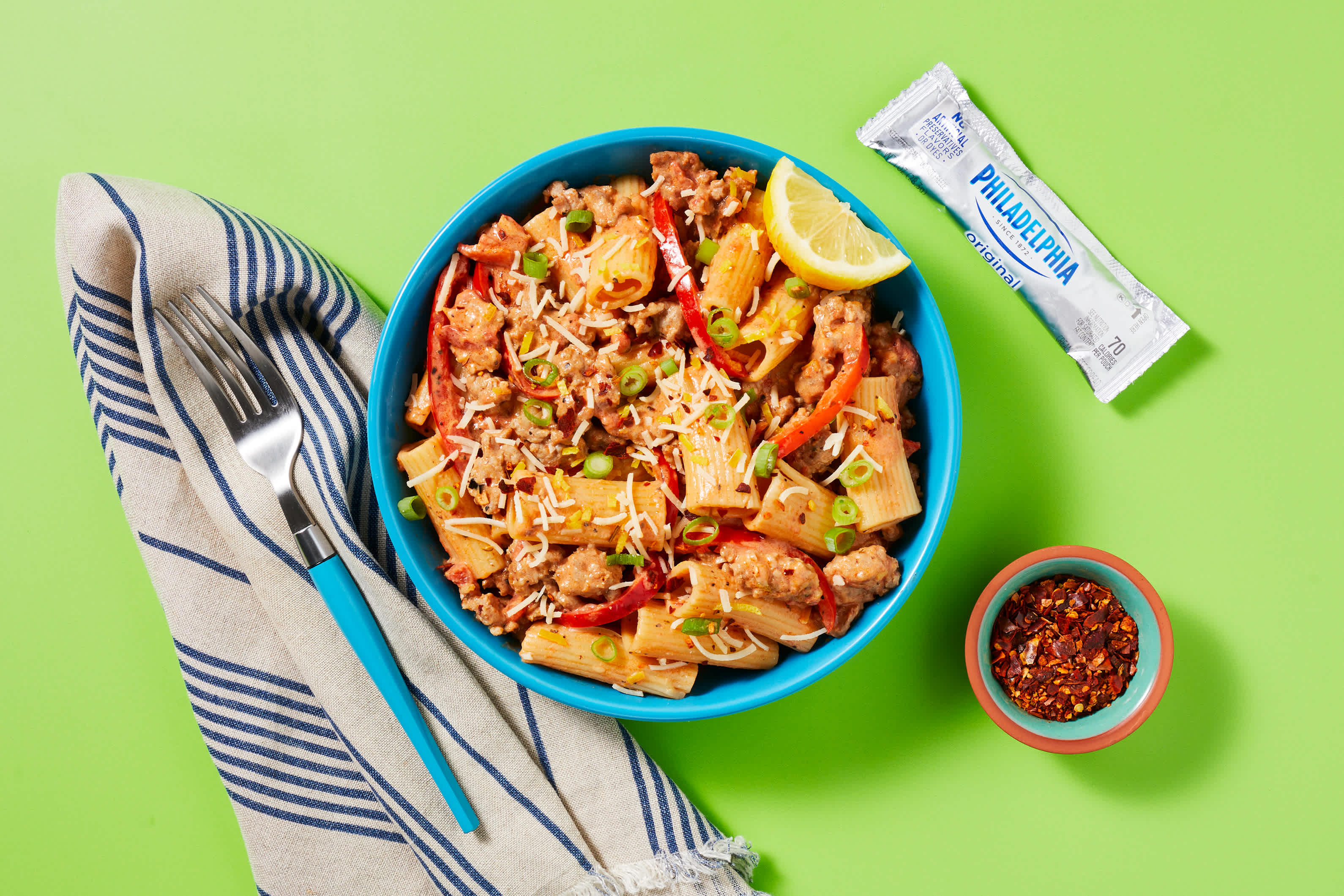 [SWAP PORK SAUSAGE TO GROUND TURKEY] Rigatoni with Pork Sausage and Creamy Red Pepper Sauce