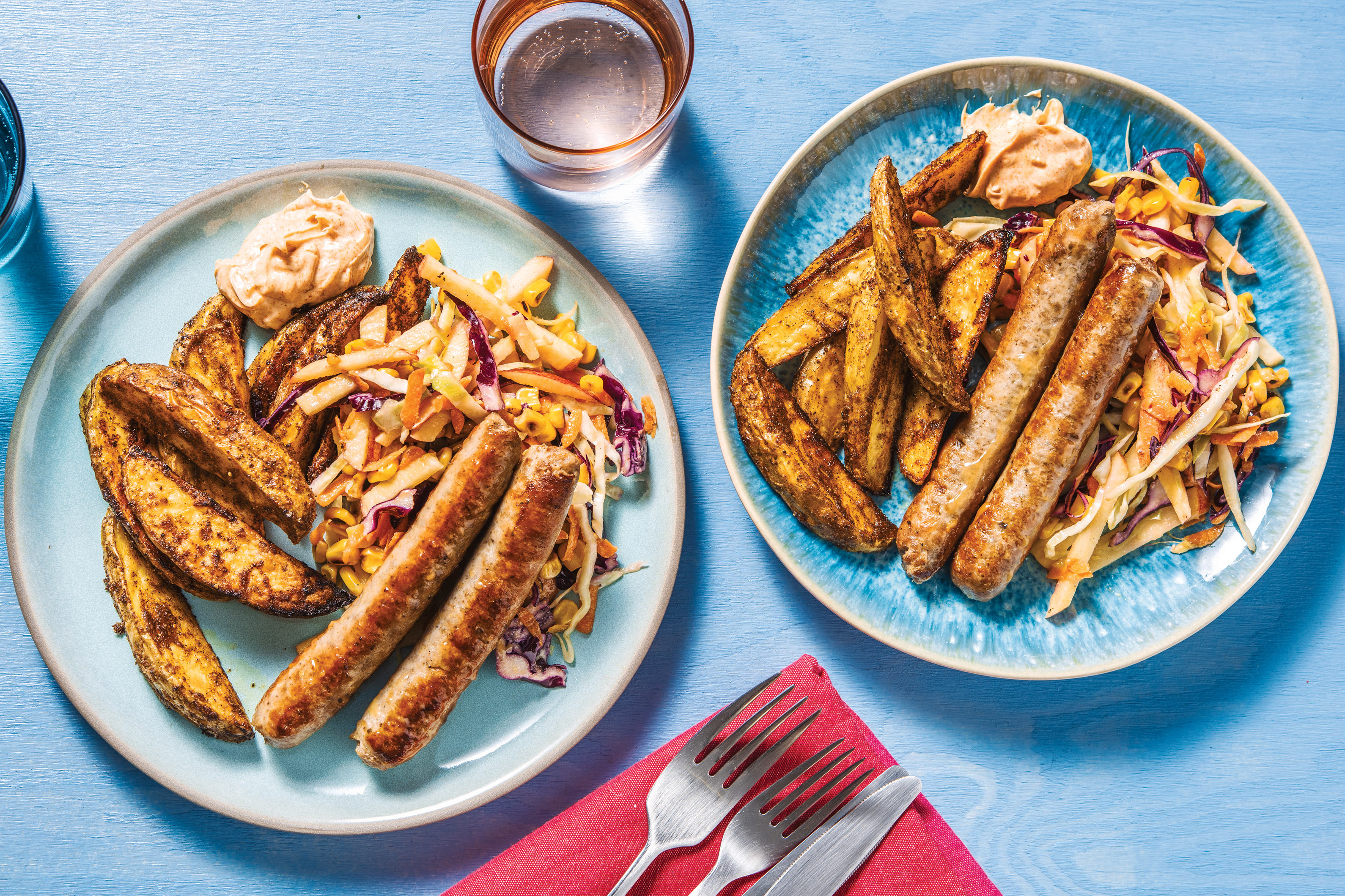 Pork Sausages & Spiced Wedges