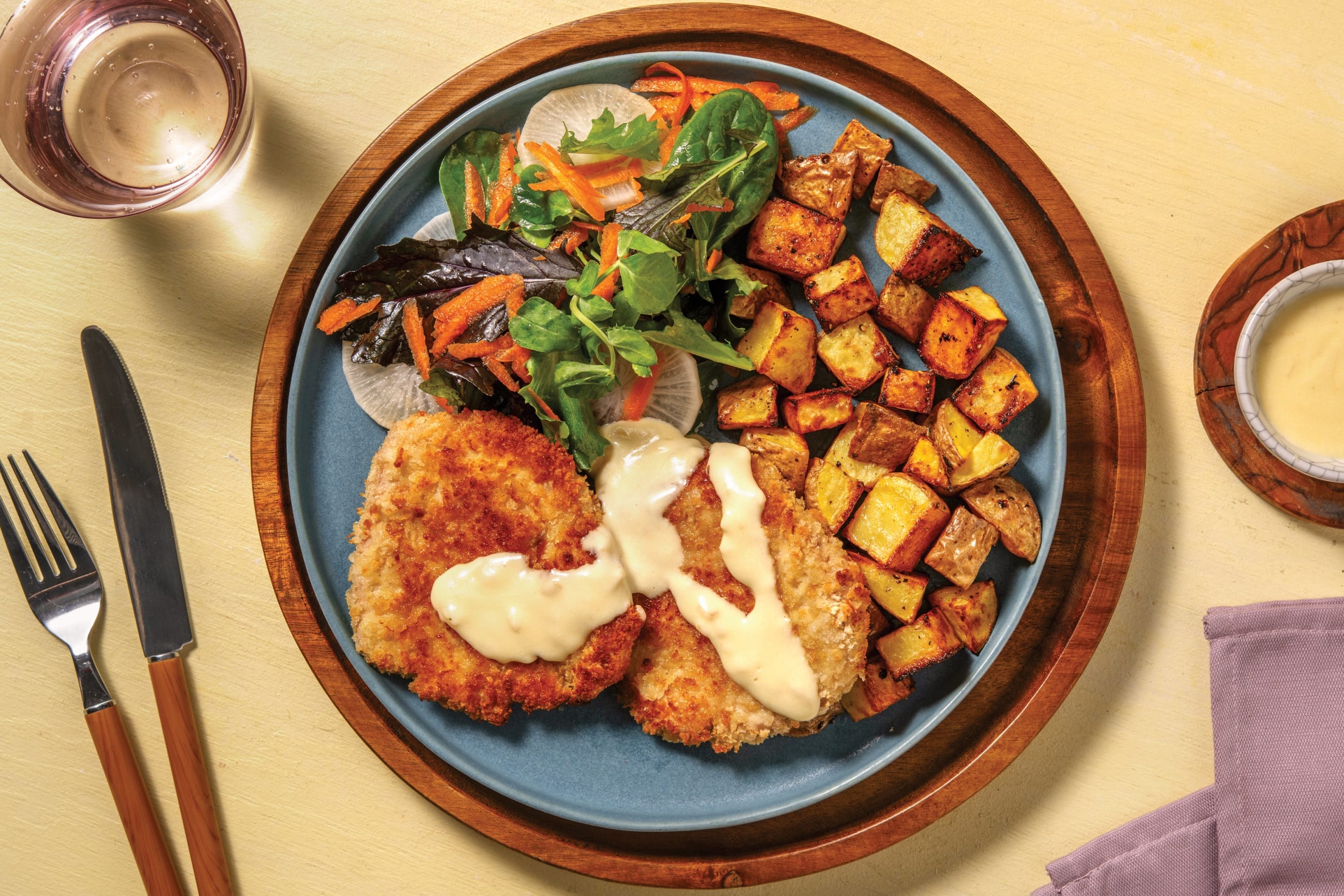 Pork Schnitzel & Cheesy Garlic Sauce