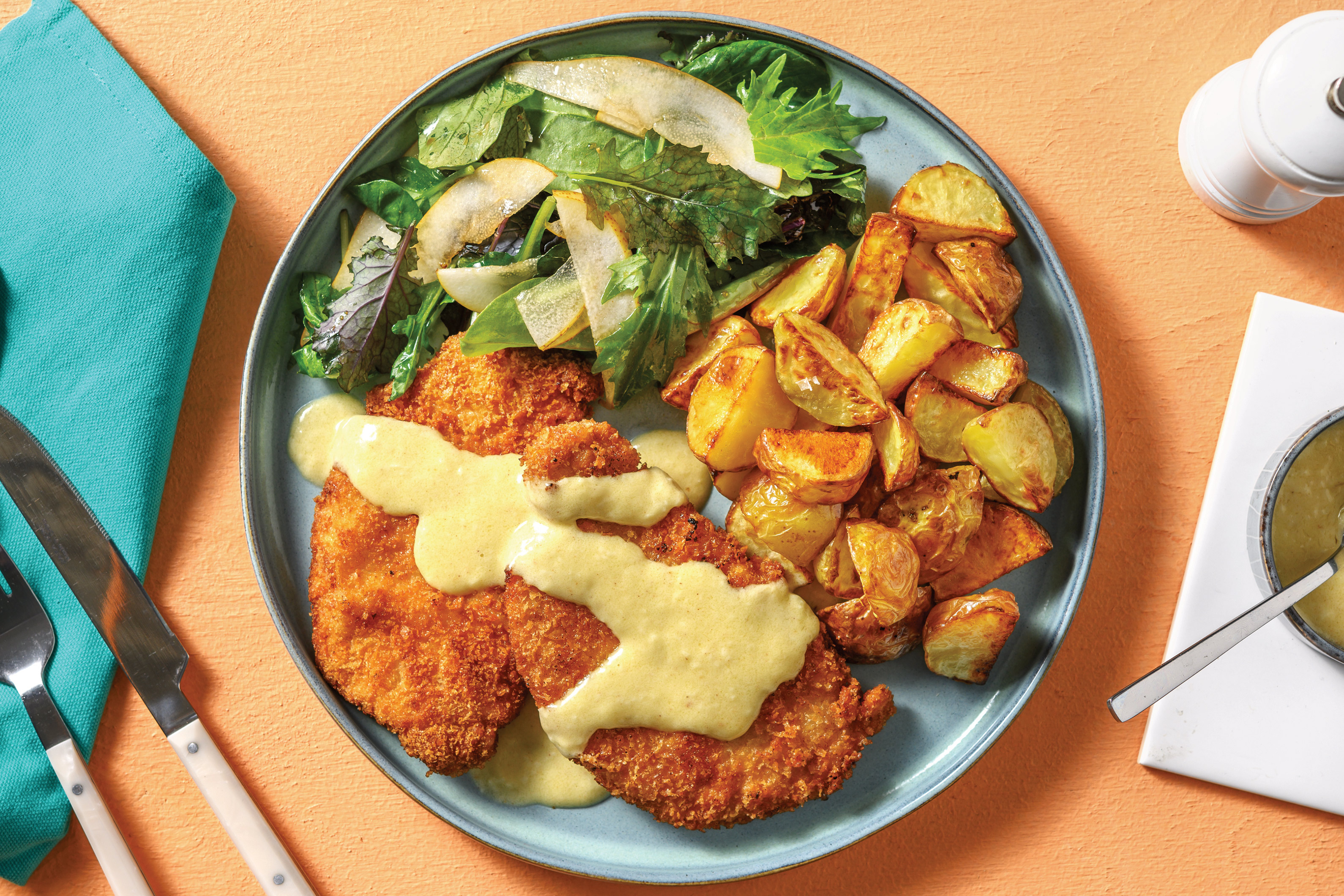Pork Schnitzel & Cheesy Garlic Sauce