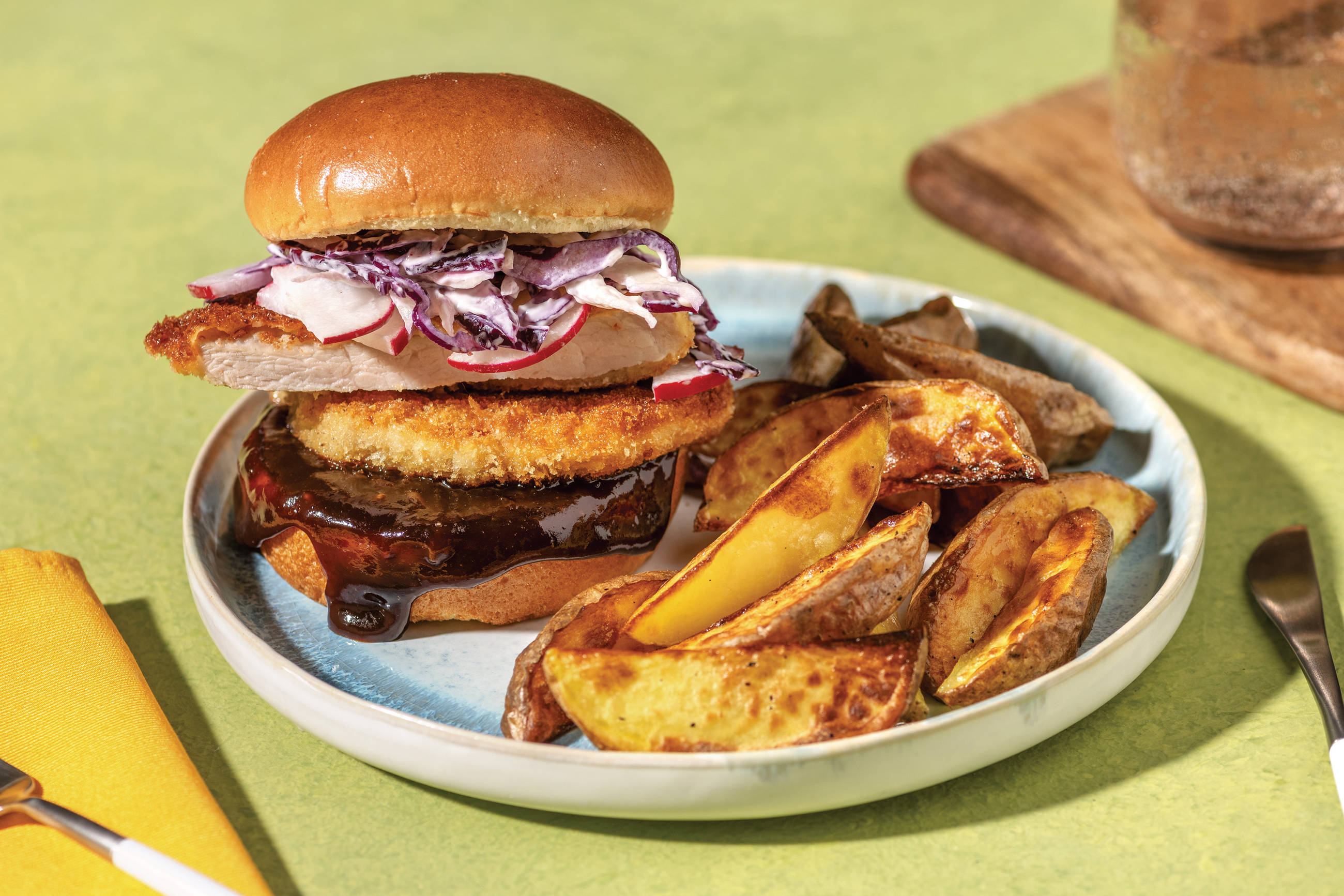 Curry-Spiced Chicken Cutlet Burger & Wedges