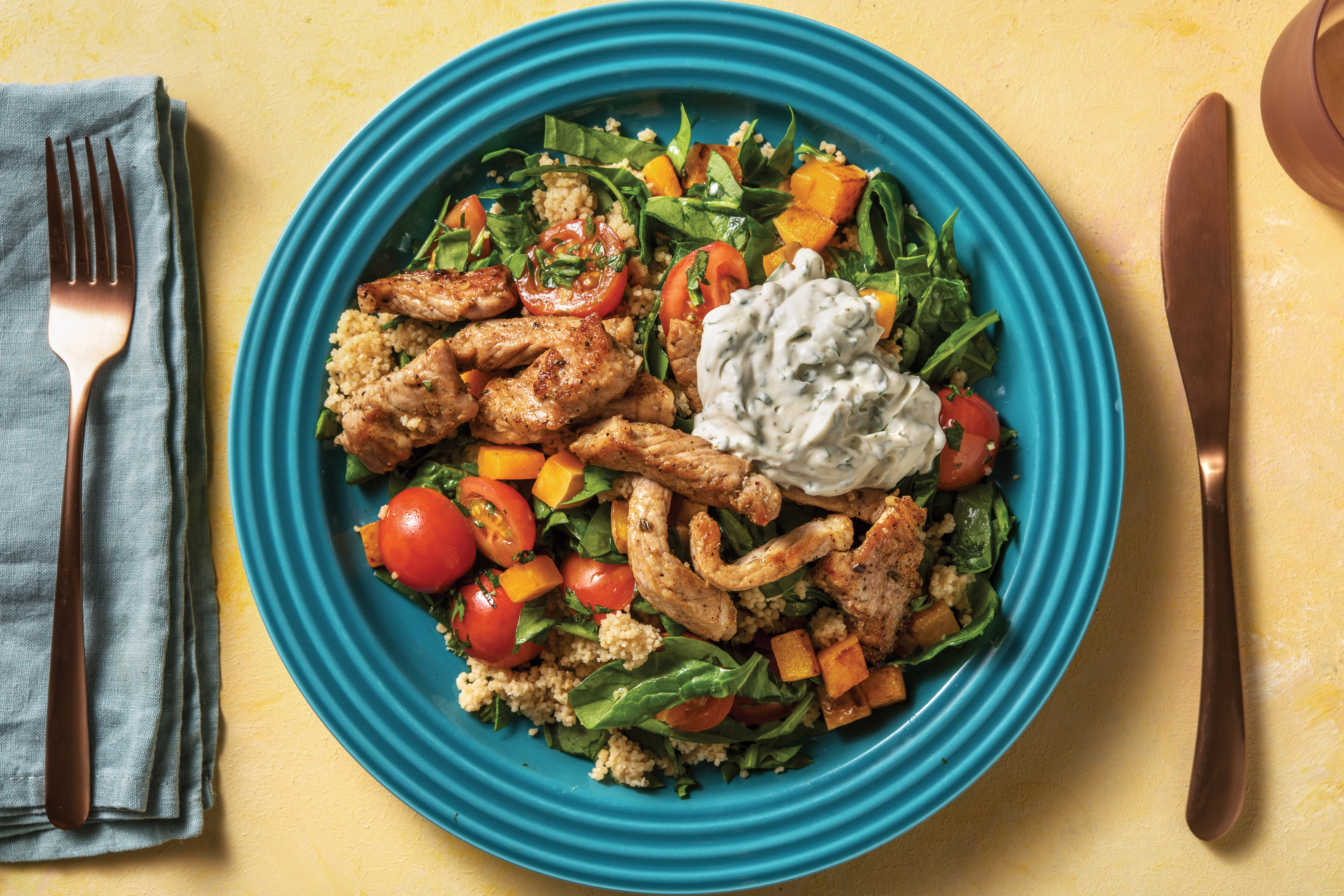 Moroccan Pork Strips with Veggie Couscous Tabbouleh