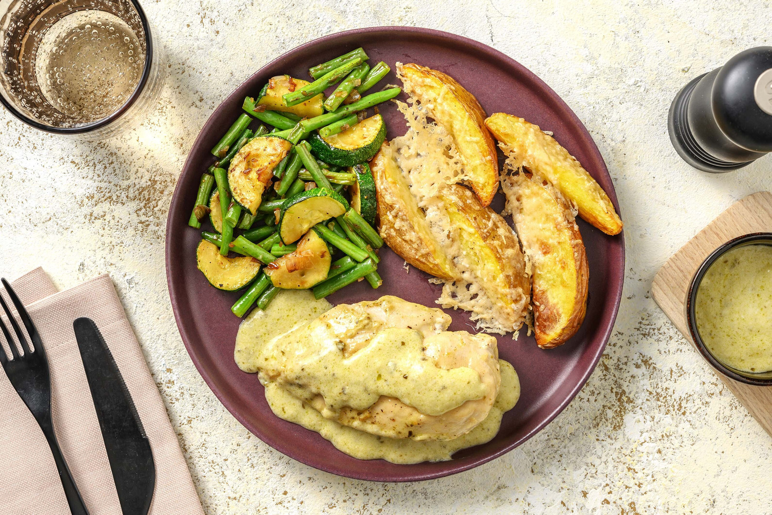 Kipfilet met pestoroomsaus en aardappelpartjes