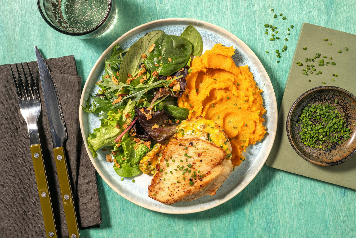 Cheesy Stuffed Chicken and Sweet Potato Mash
