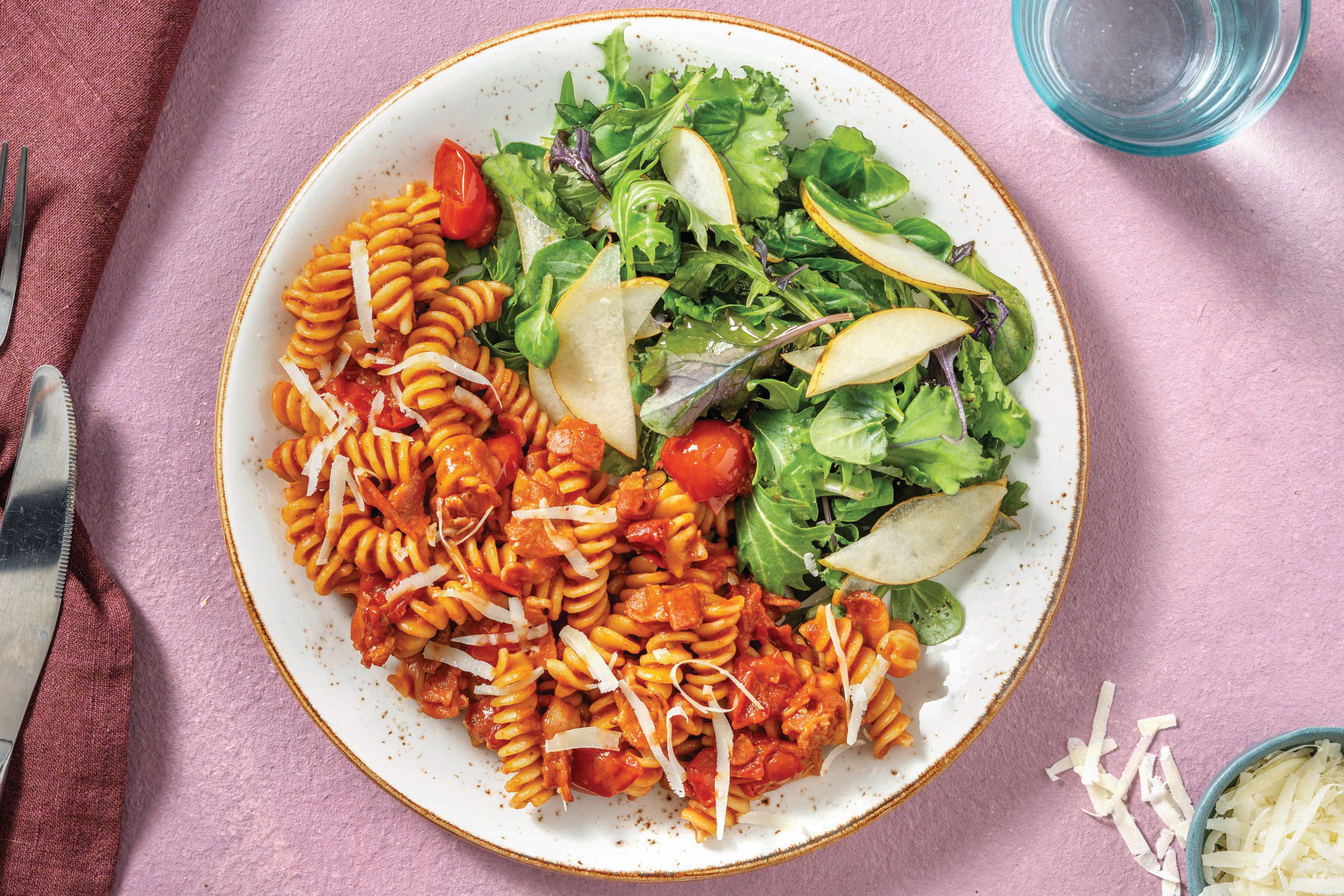 Quick Bacon, Cherry Tomato & Pesto Fusilli