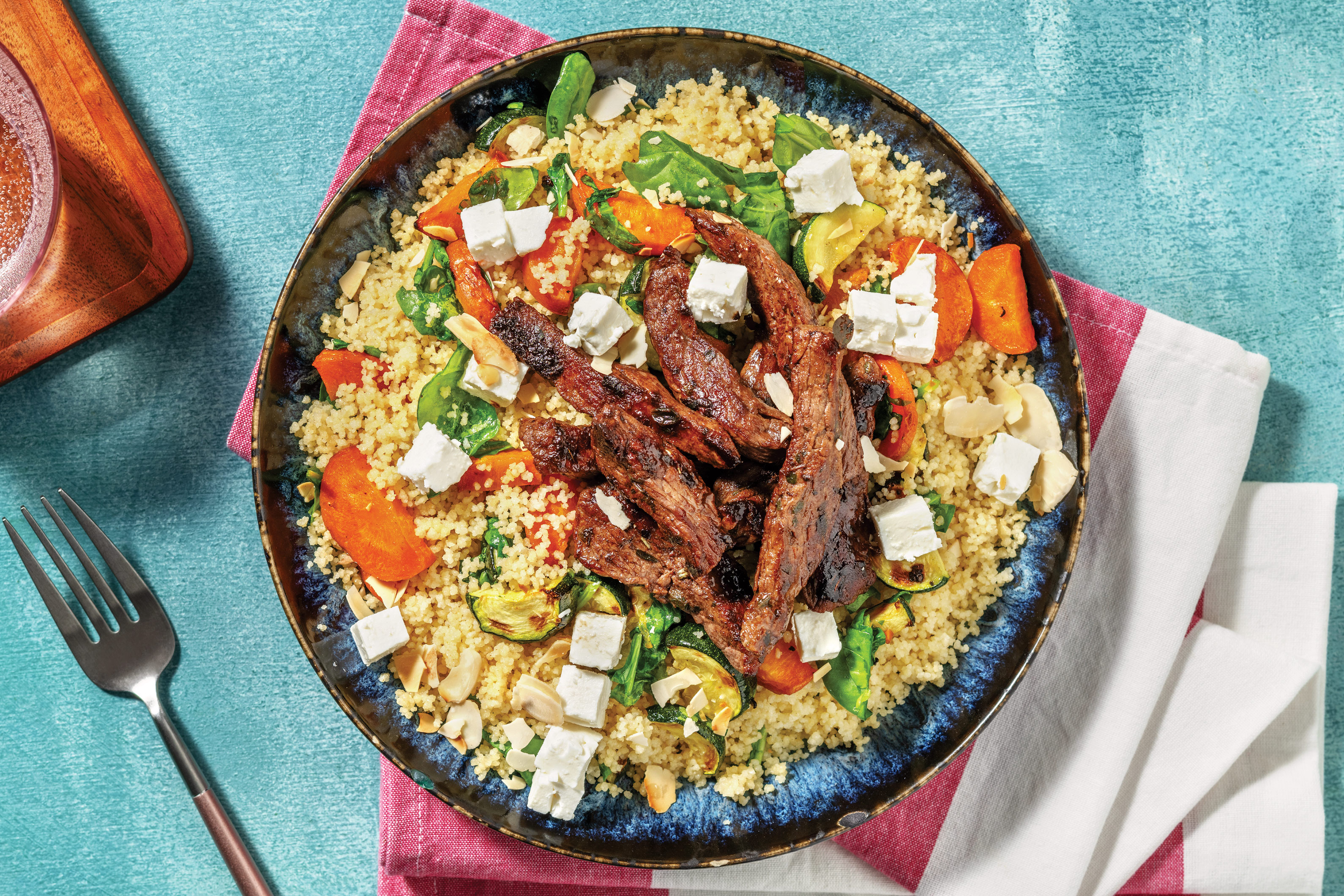 Quick Garlic-Herb Beef & Roast Veggie Couscous