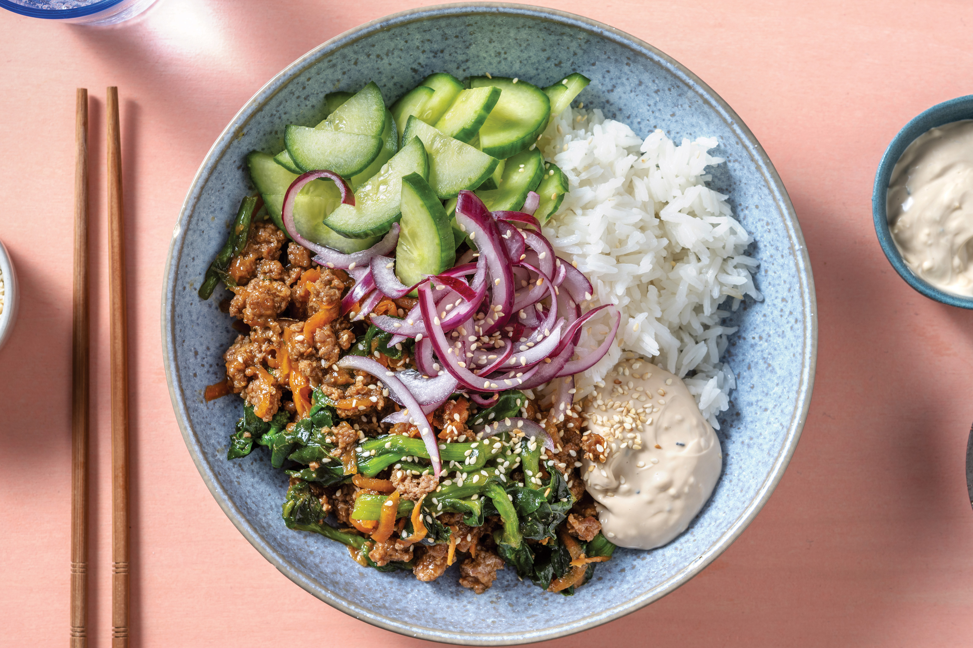 Ginger Beef Rice Bowl with Pickled Onion & Japanese Mayo