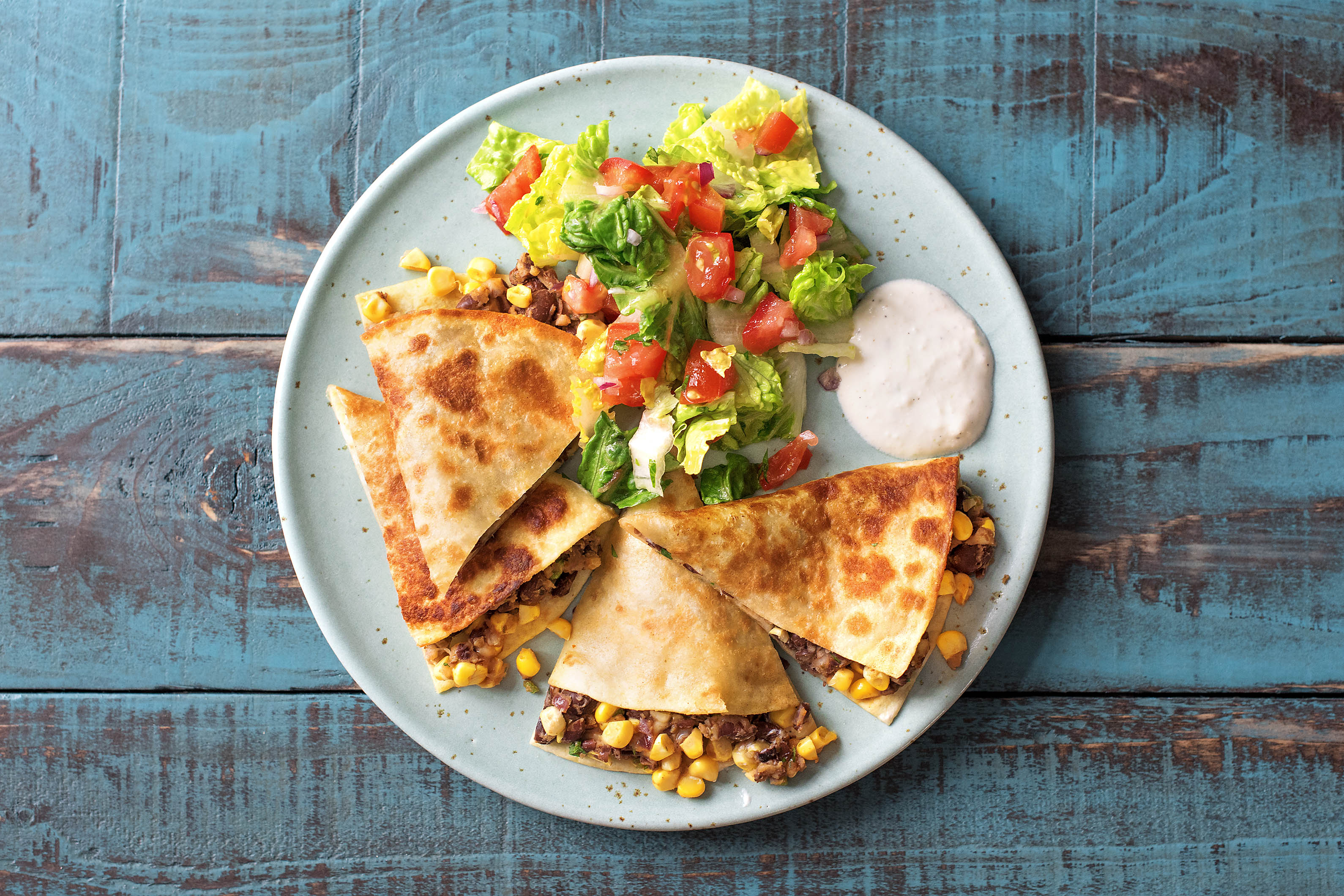 Quickdraw Quesadillas with Tomato Salsa and Citrus Sour Cream