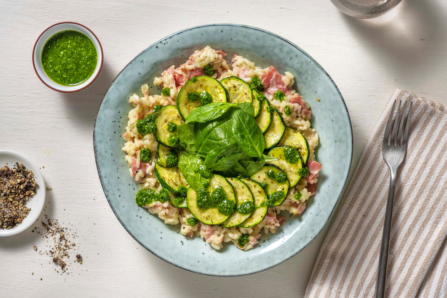 Risotto au jambon et au pesto d’épinards
