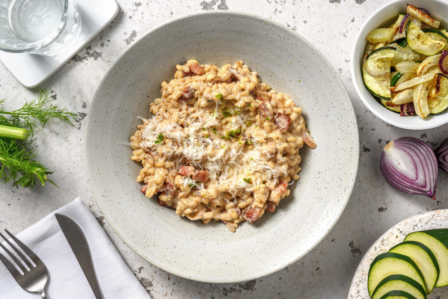 Parelgerst-risotto met spek en geroosterde venkel