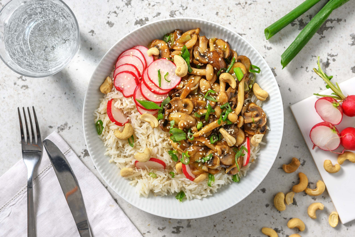 Sticky paddenstoelen met sesamrijst