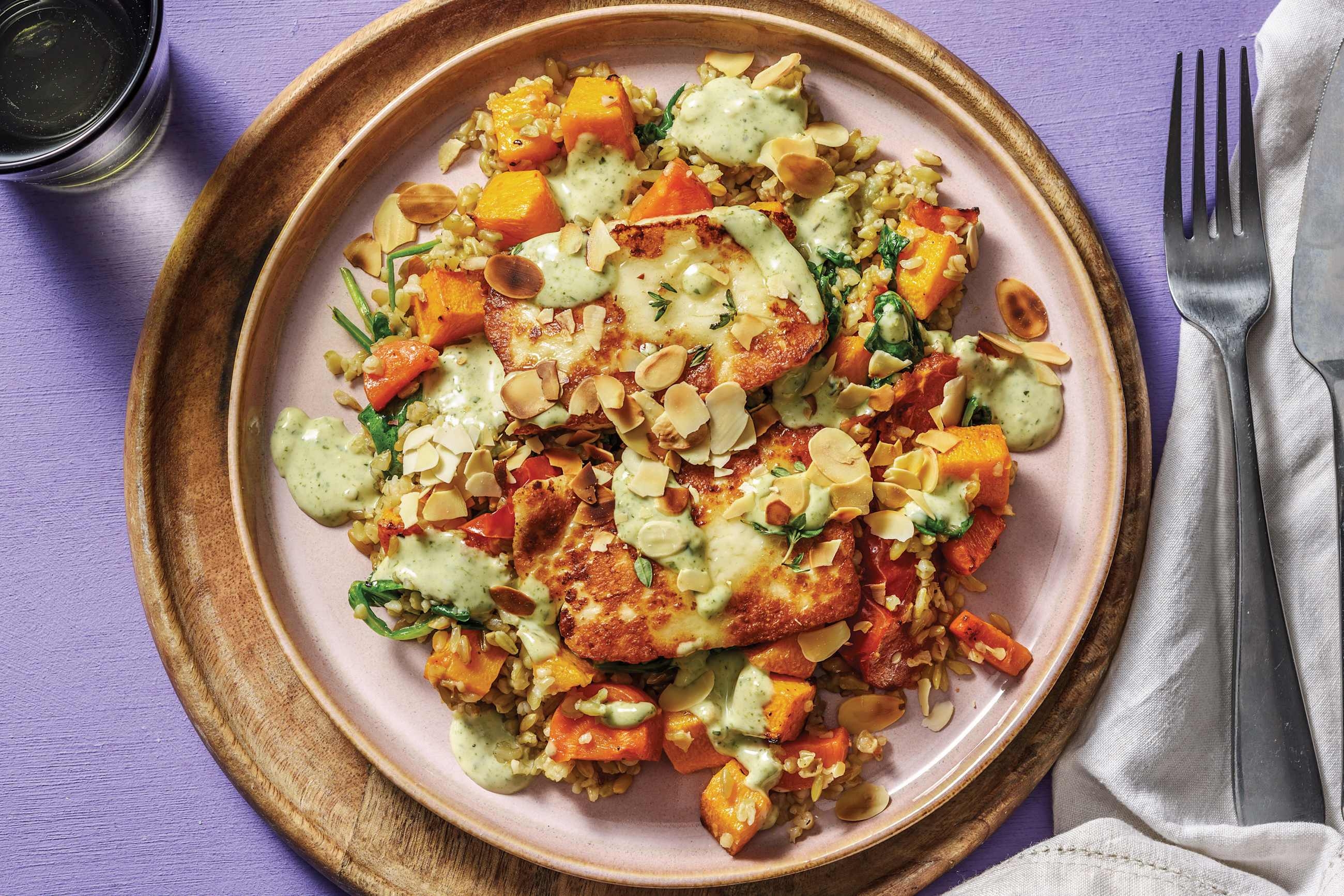 Roast Veggie Freekeh Bowl with Honey-Thyme Haloumi