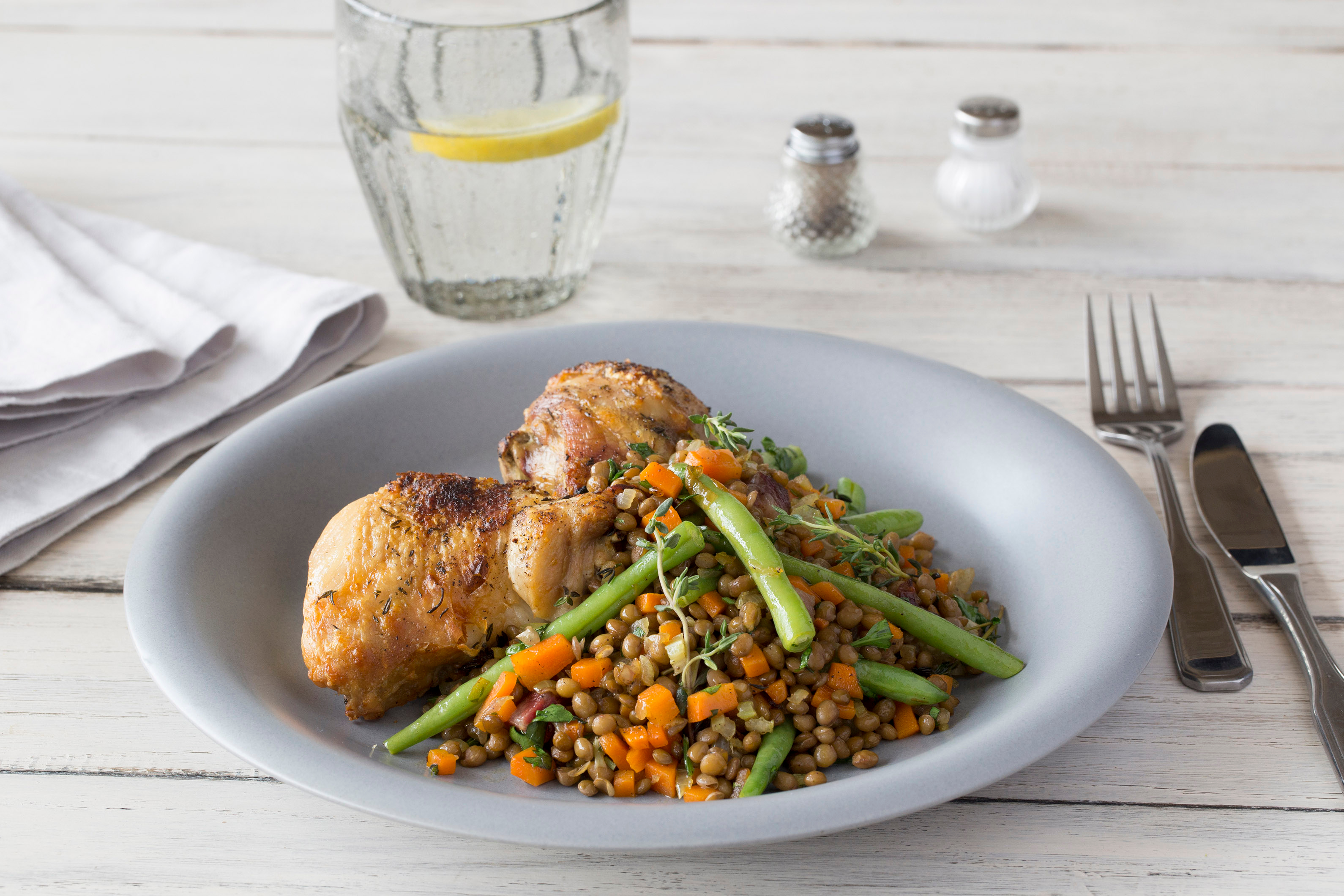 Roasted Chicken with Pancetta and Herbed Lentils