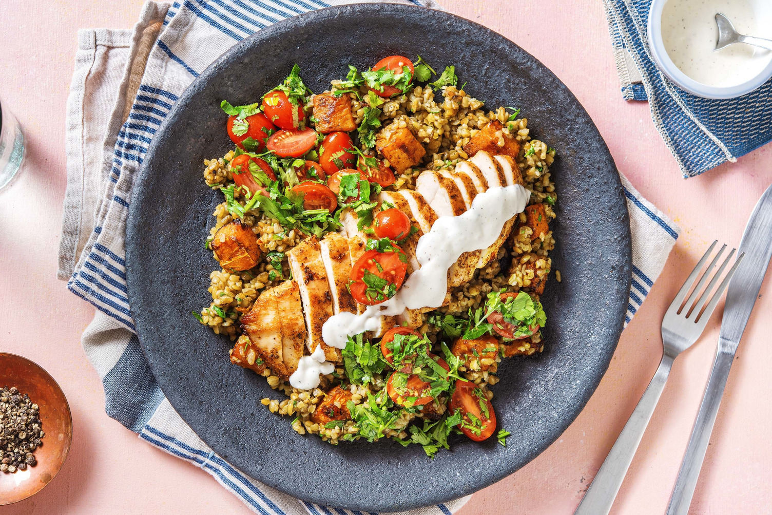 Roasted Shawarma Chicken and Squash Freekeh