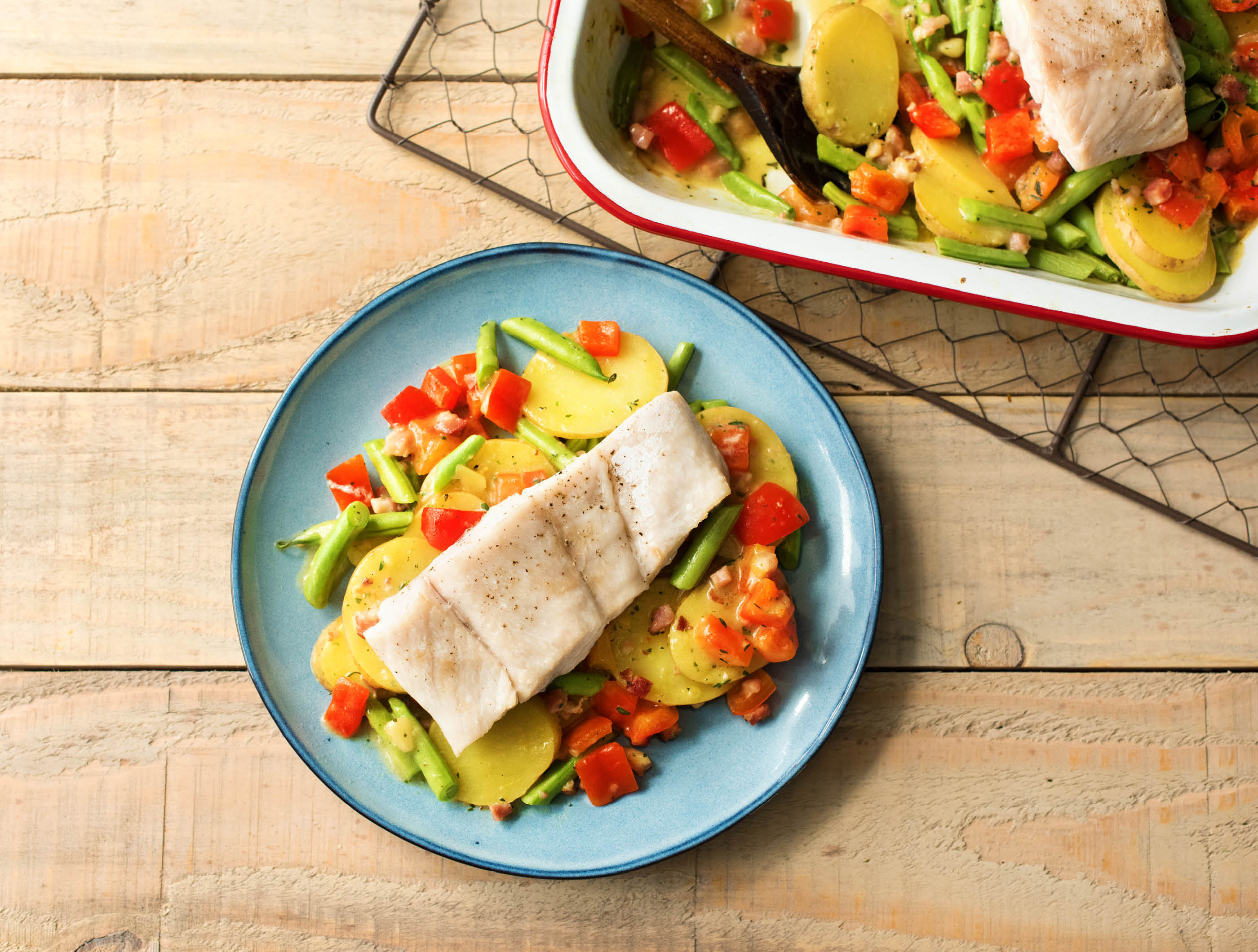 Pommes de terre crémeuses au filet de bar Victoria et aux lardons