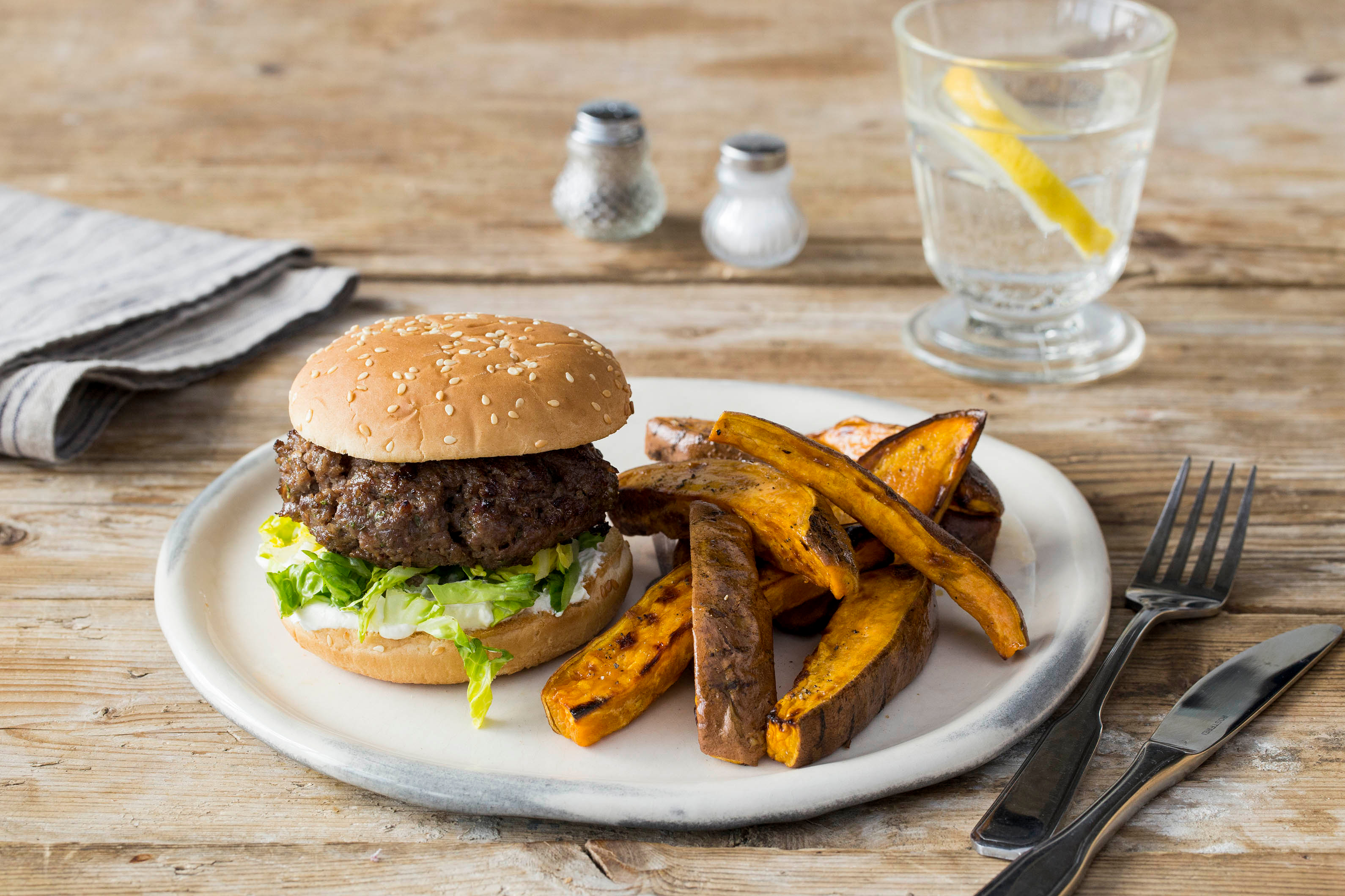 Rosemary Lamb Burgers with Sweet Potato Chips