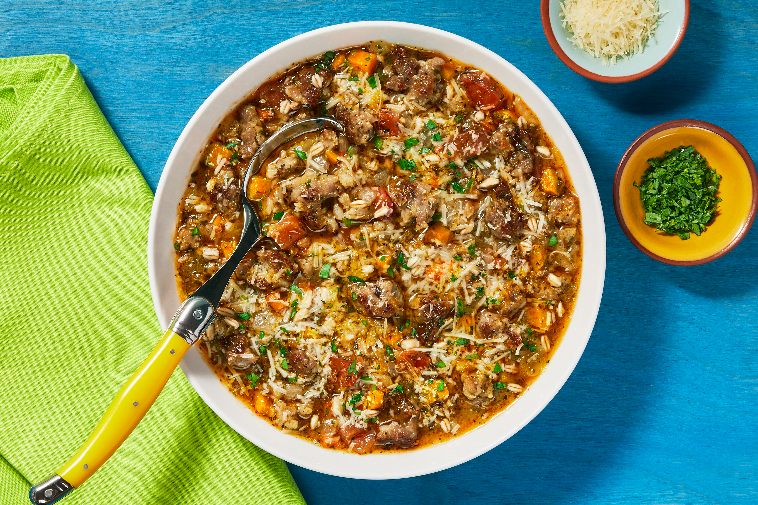 Rustic Farro & Pork Sausage Soup