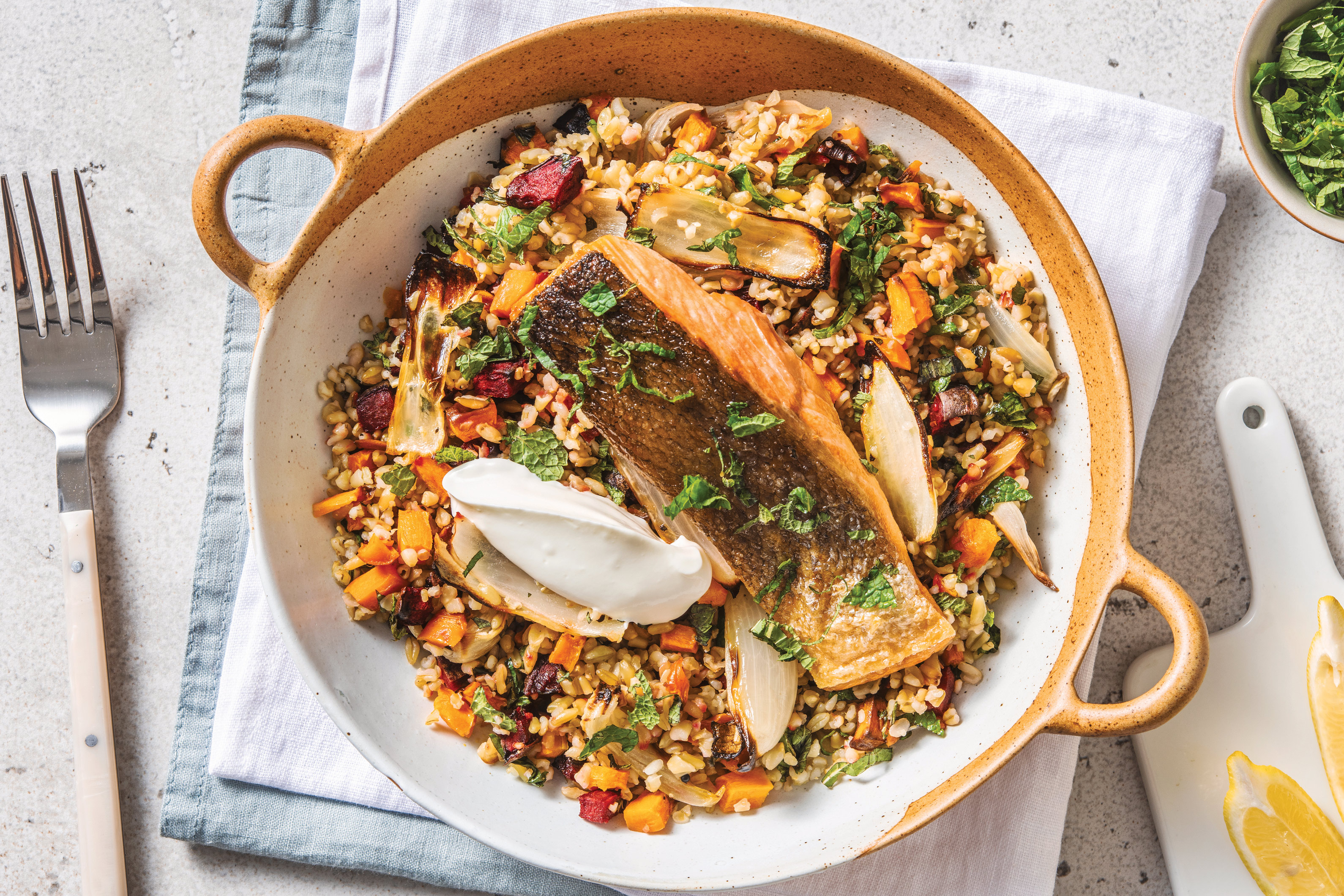 Salmon & Herbed Freekeh with Roasted Veggies & Lemon Yoghurt