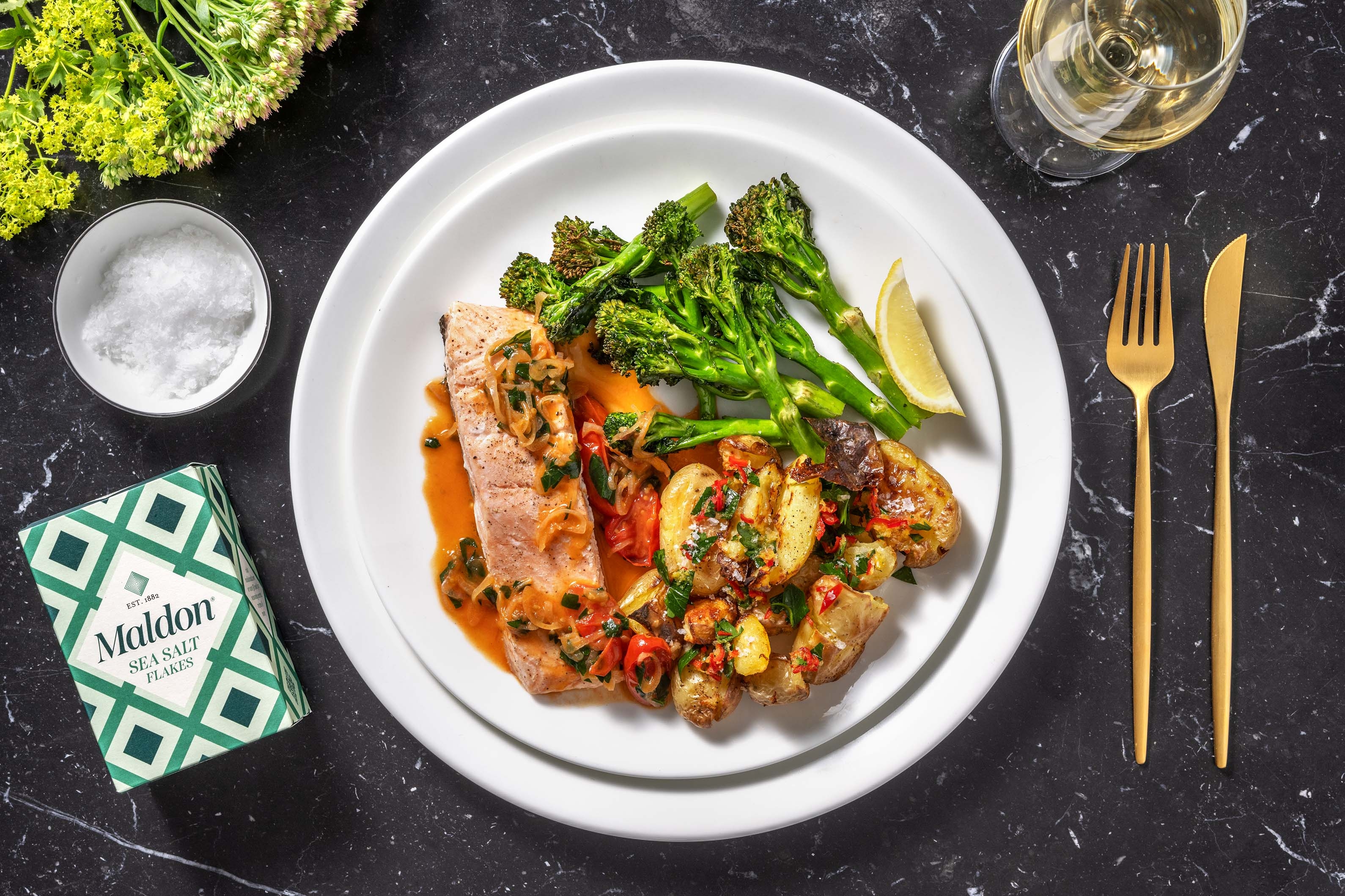 Salmon and Herby Maldon Smashed Potatoes