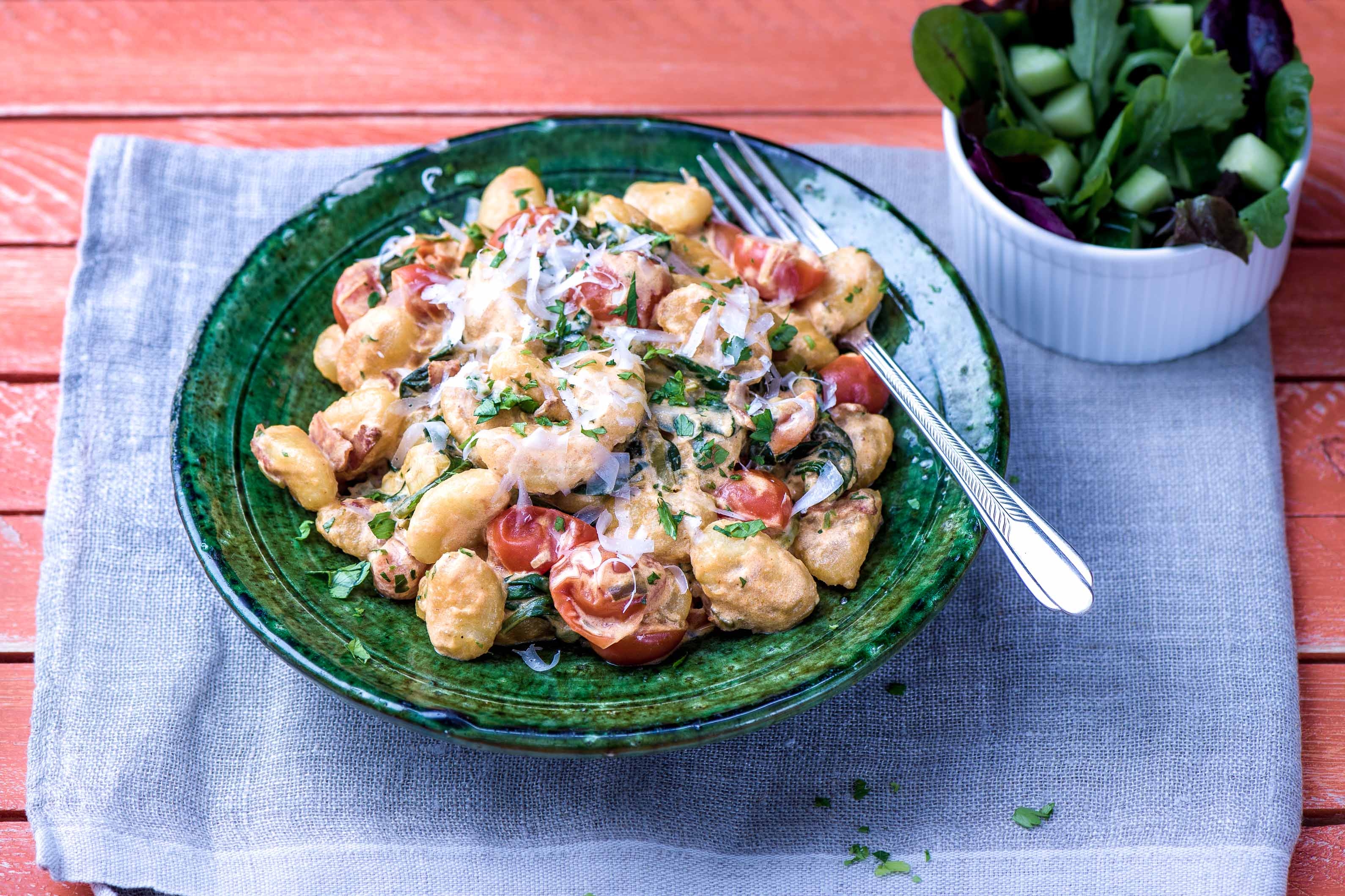 Saucy Mascarpone and Bacon Gnocchi with Salad