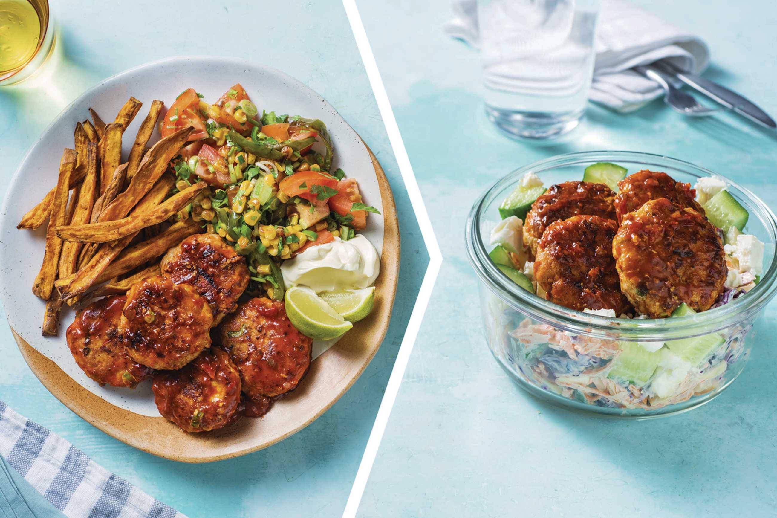Dinner: Saucy Mexican Pork Rissoles with Sweet Potato Fries & Salsa