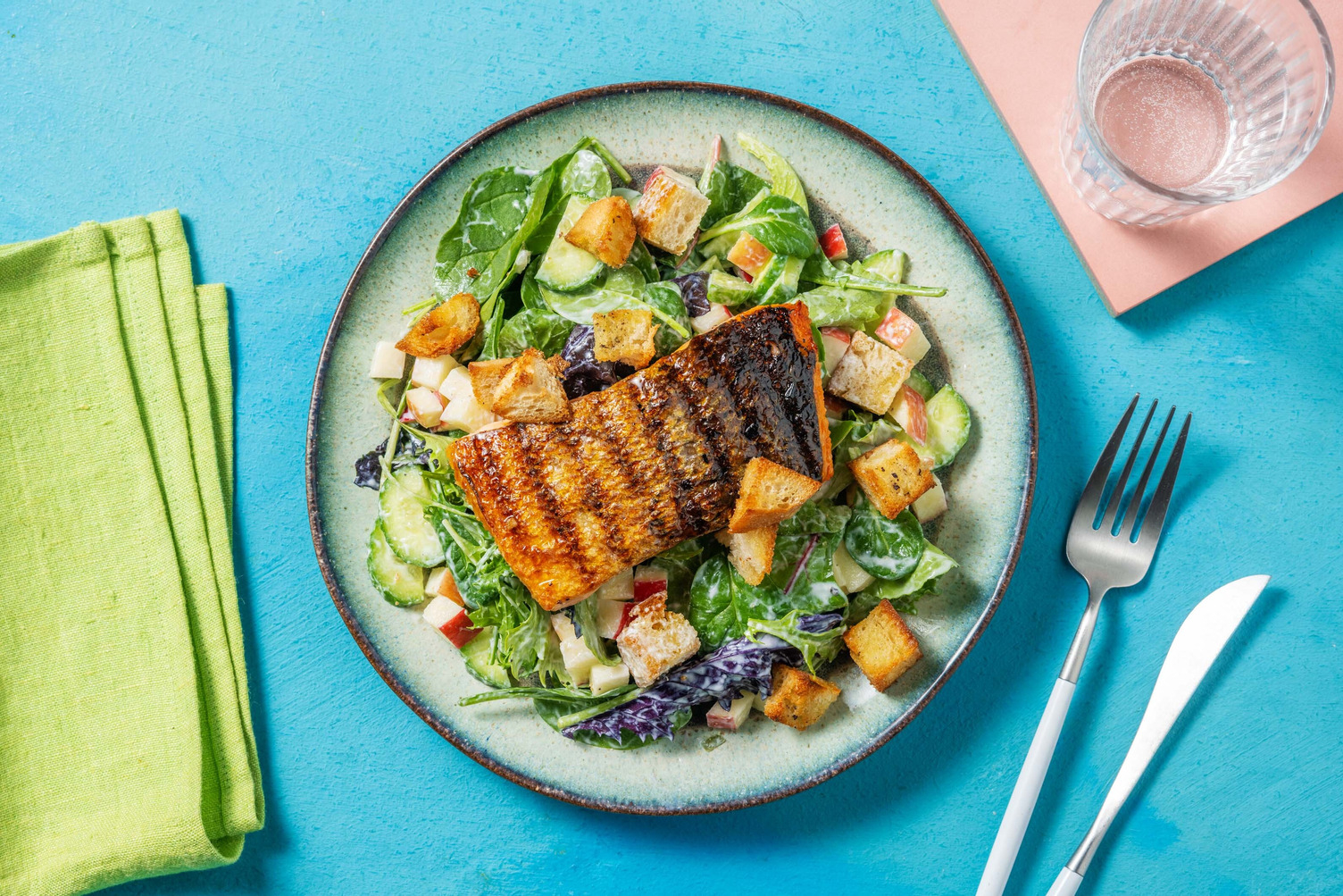 Carb Smart Grilled Double Salmon, Cucumber and Apple Salad