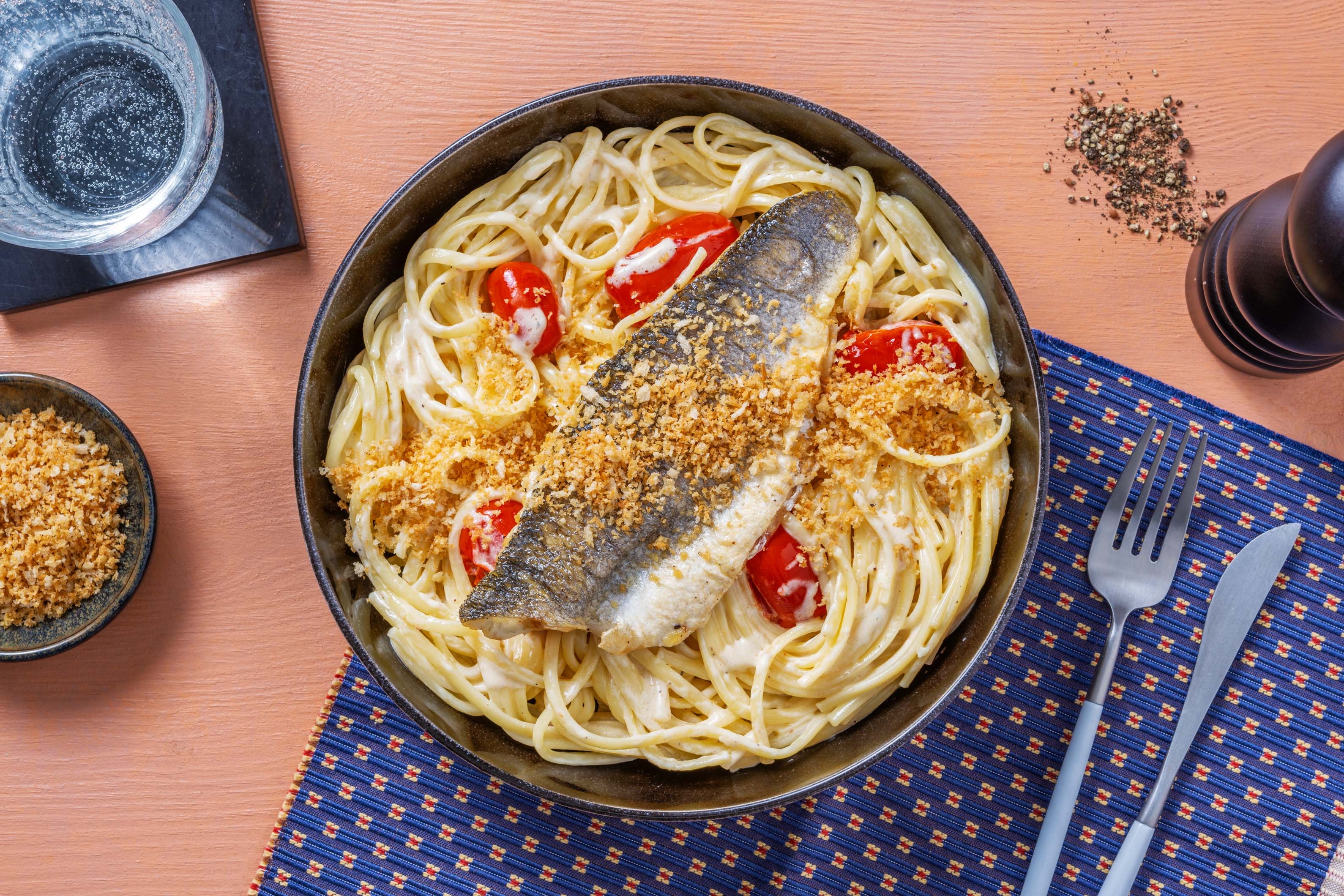 Sea Bass on Creamy Linguine