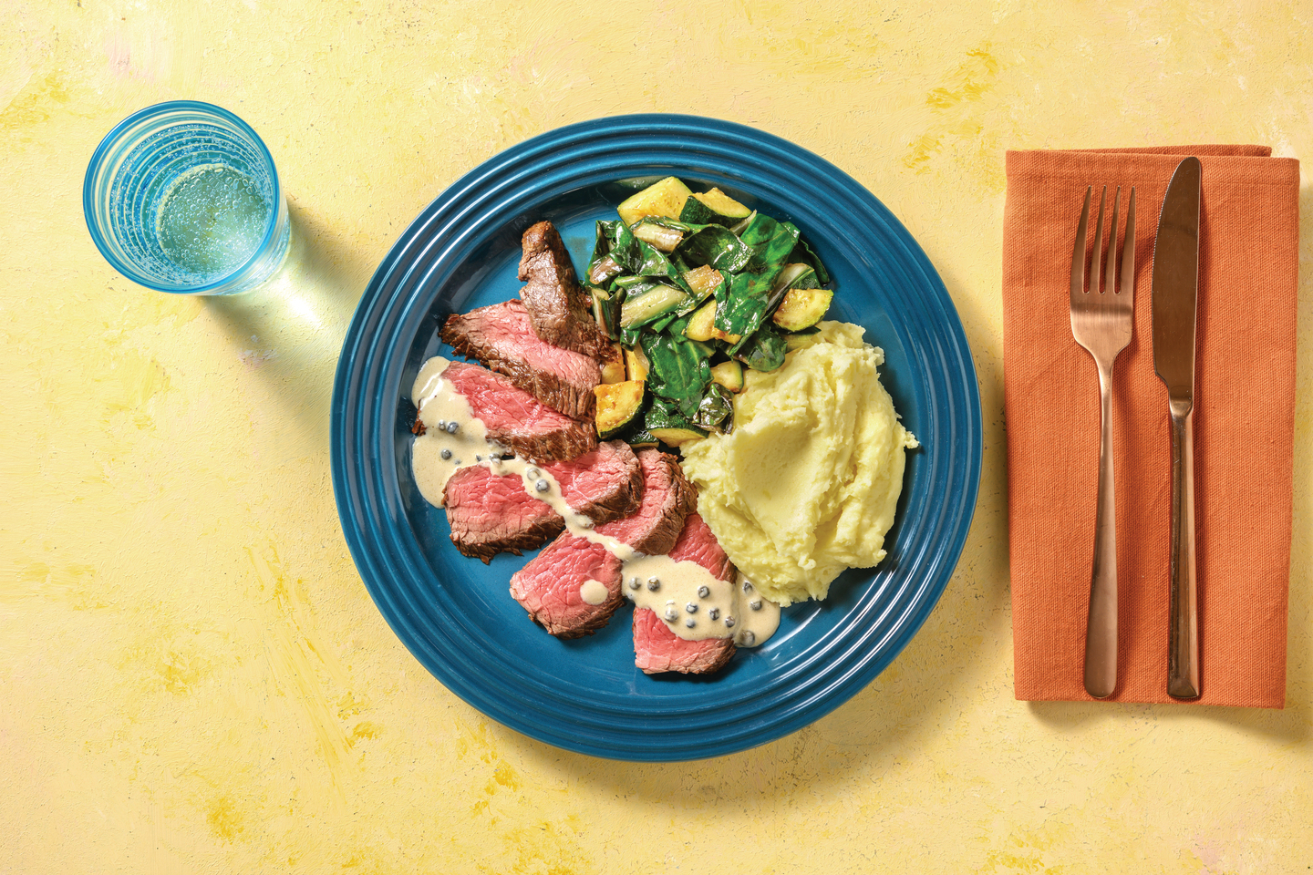 Seared Steak & Creamy Peppercorn Sauce with Potato Mash