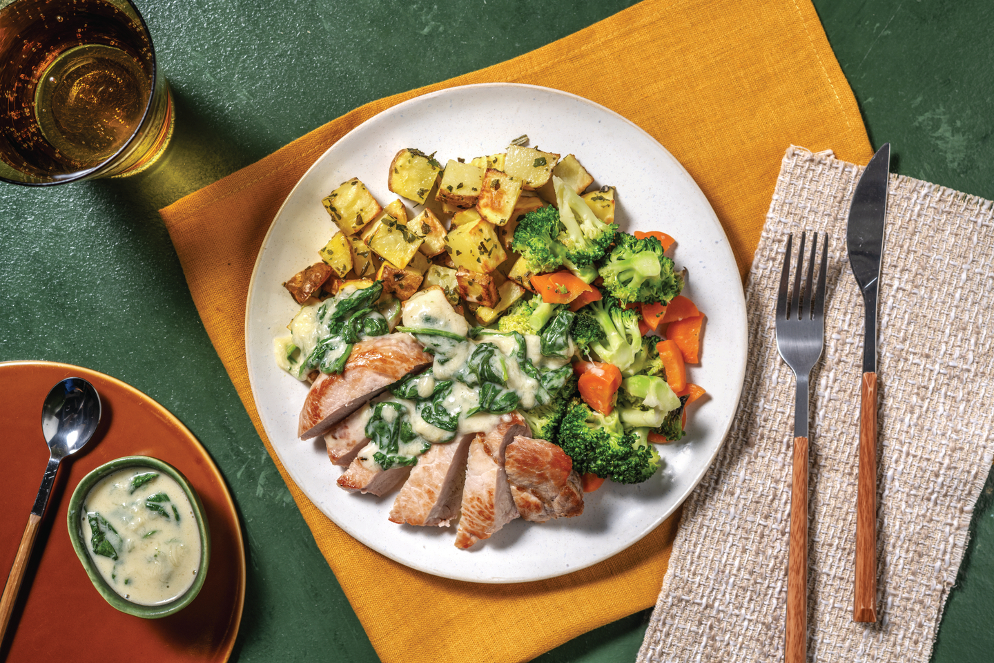 Seared Pork & Cheesy Spinach Sauce