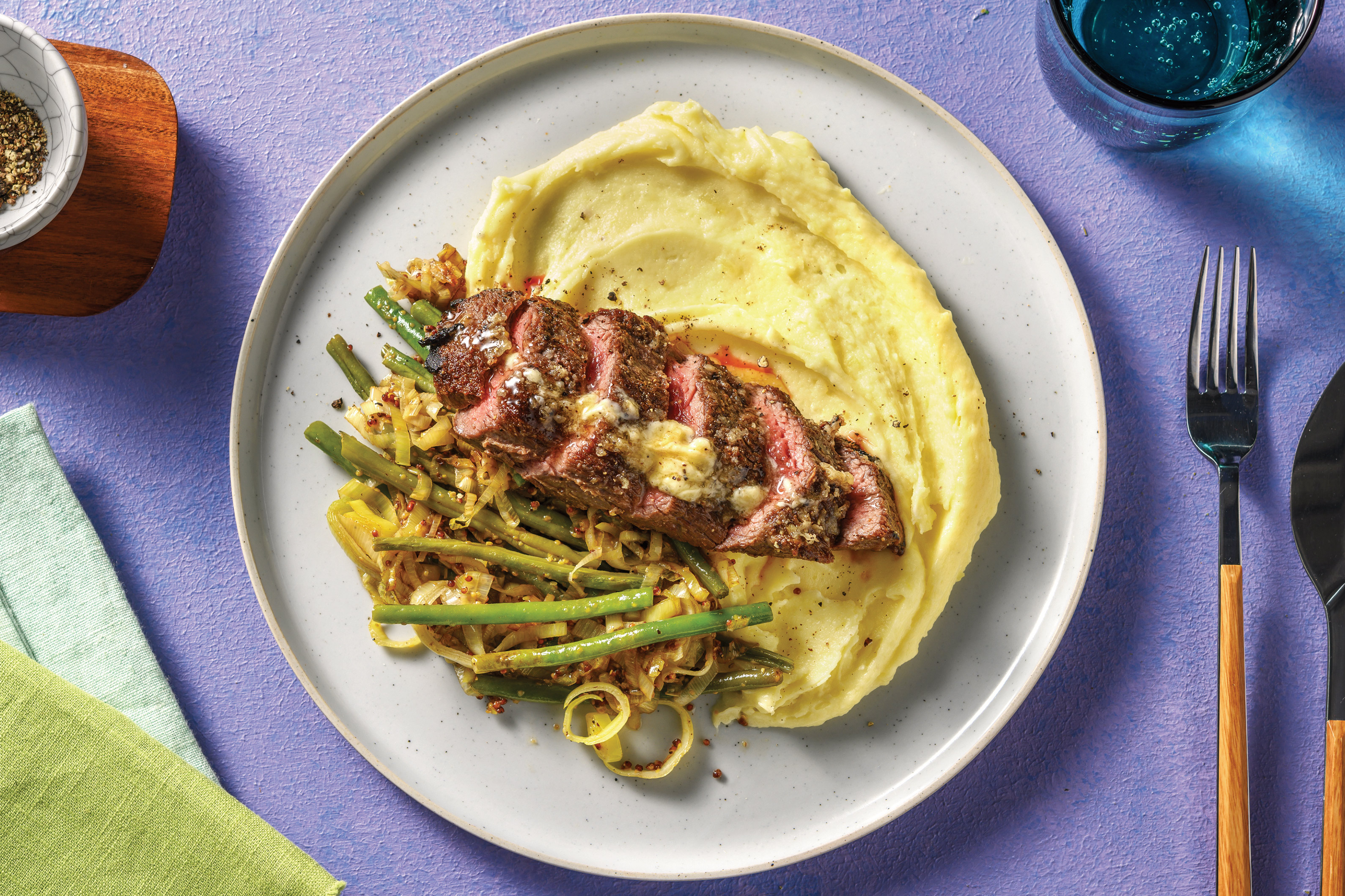 Seared Steak & Mustardy Greens