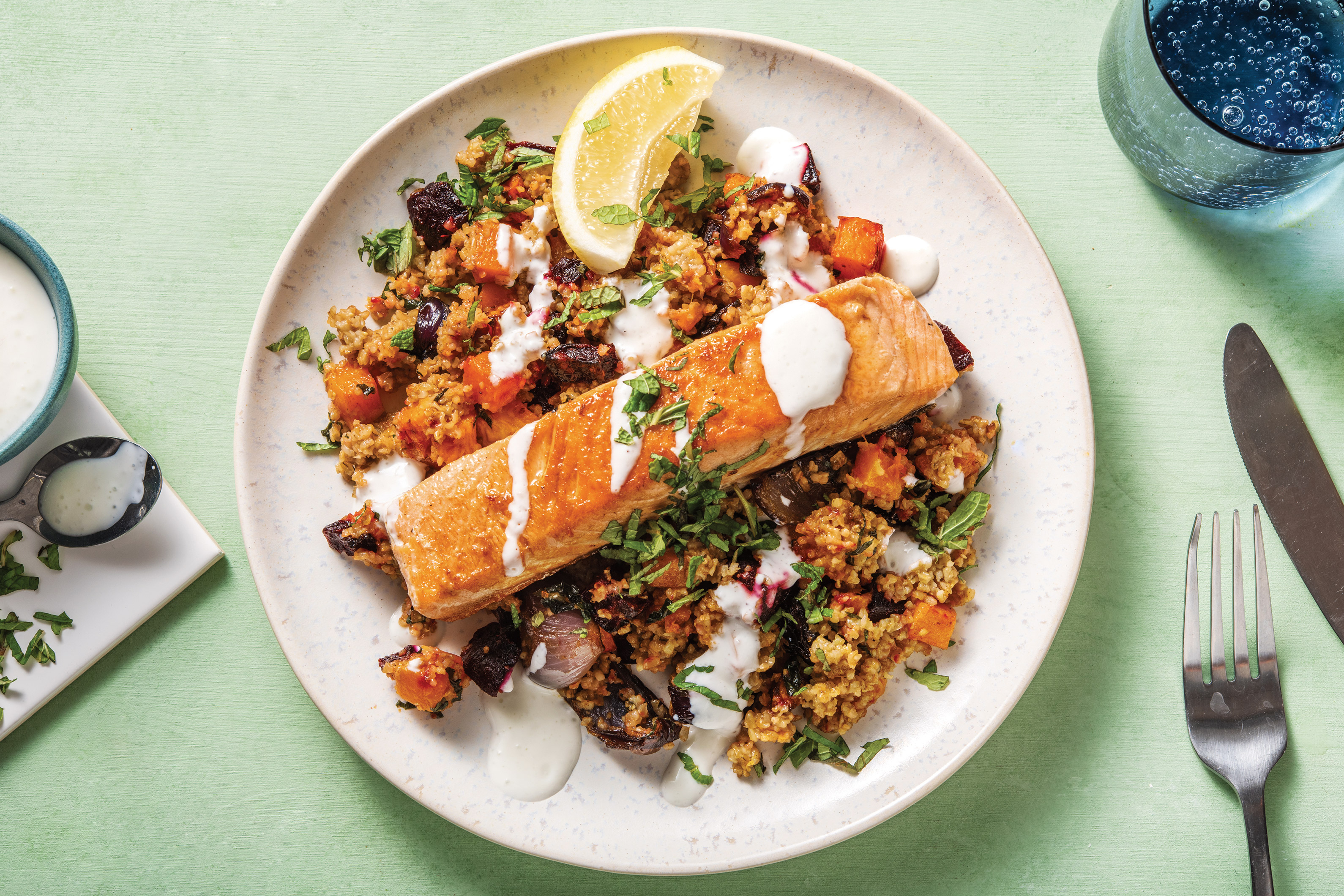 Seared Salmon & Roast Veggie Freekeh Salad