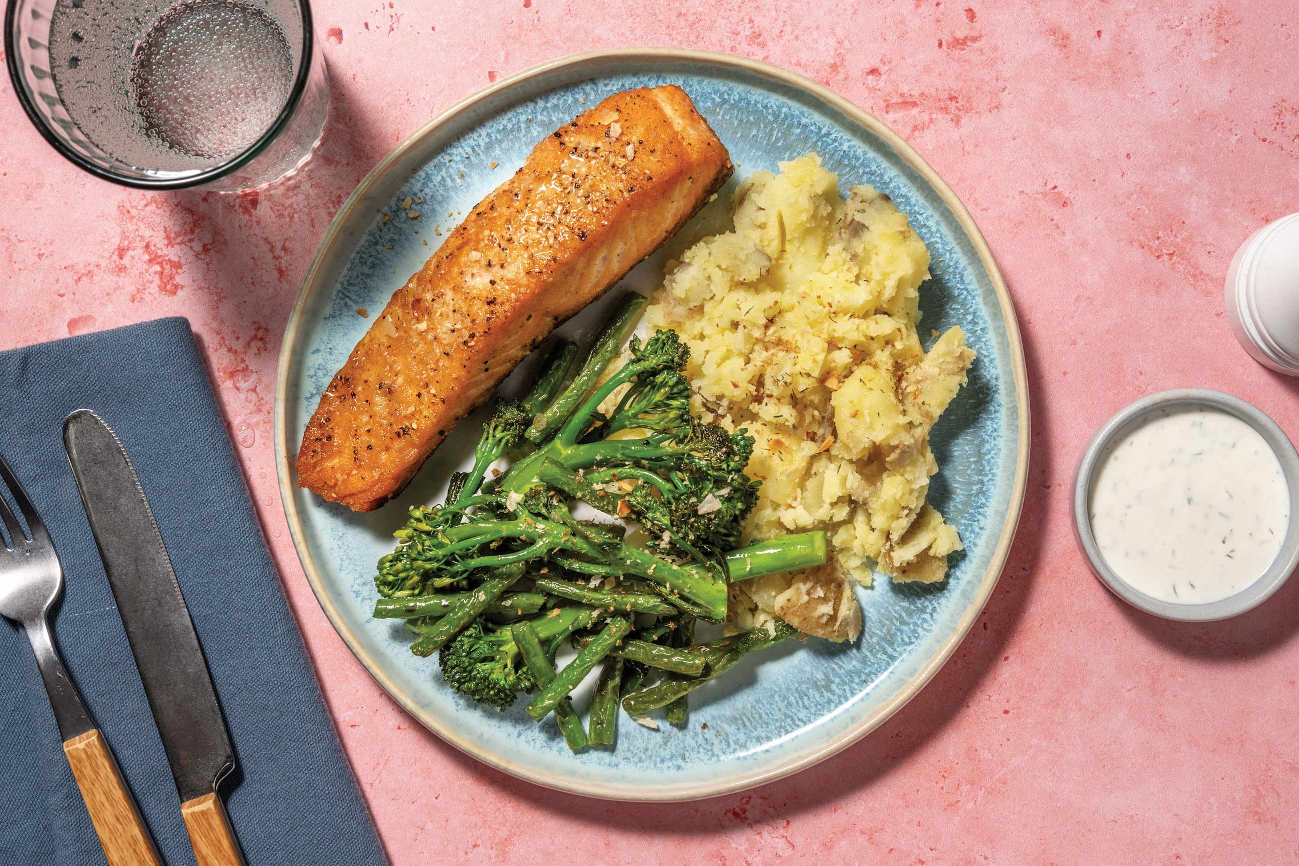 Salmon Almondine, Baby Broccoli & Beans