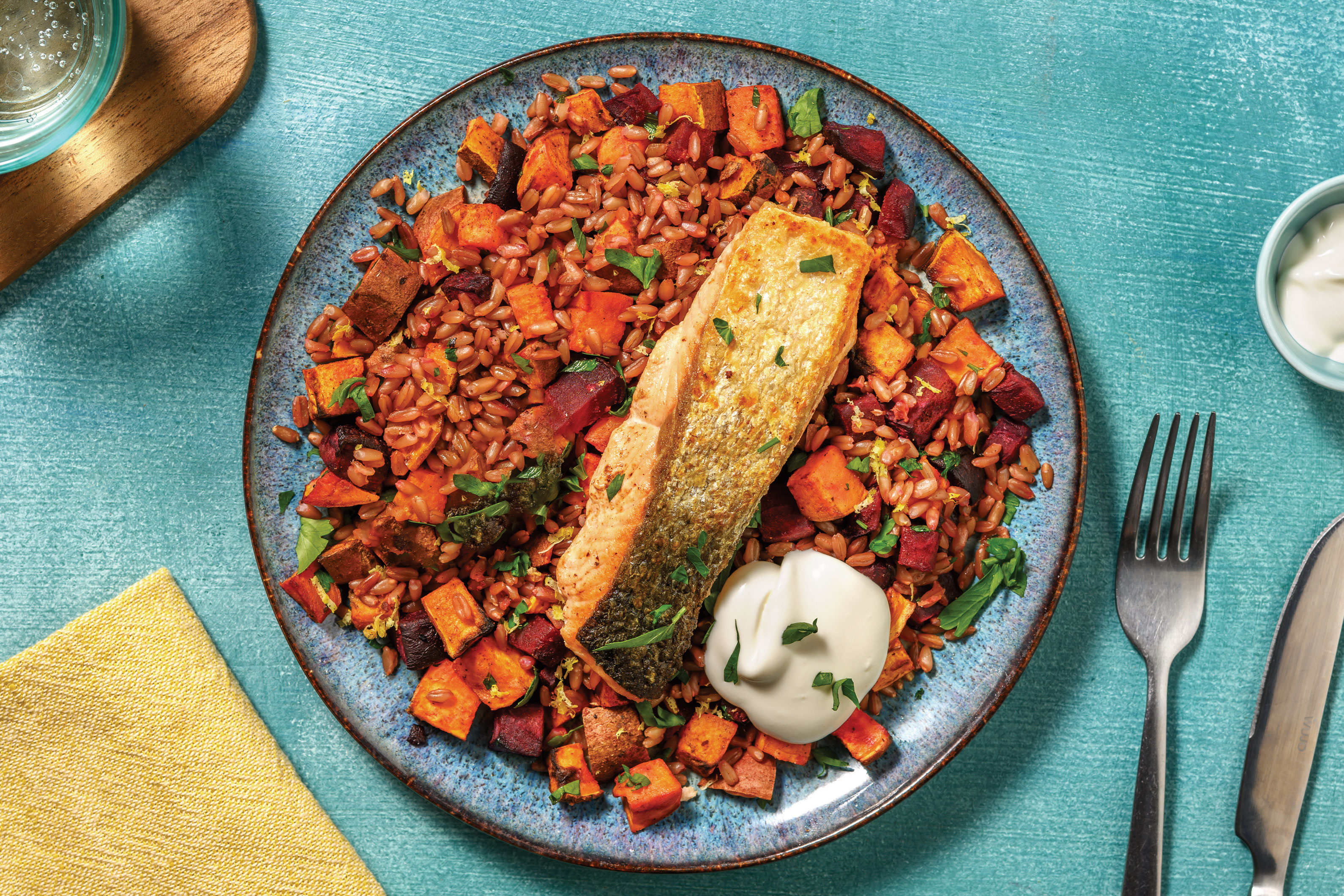 Moroccan Seared Salmon & Freekeh Salad