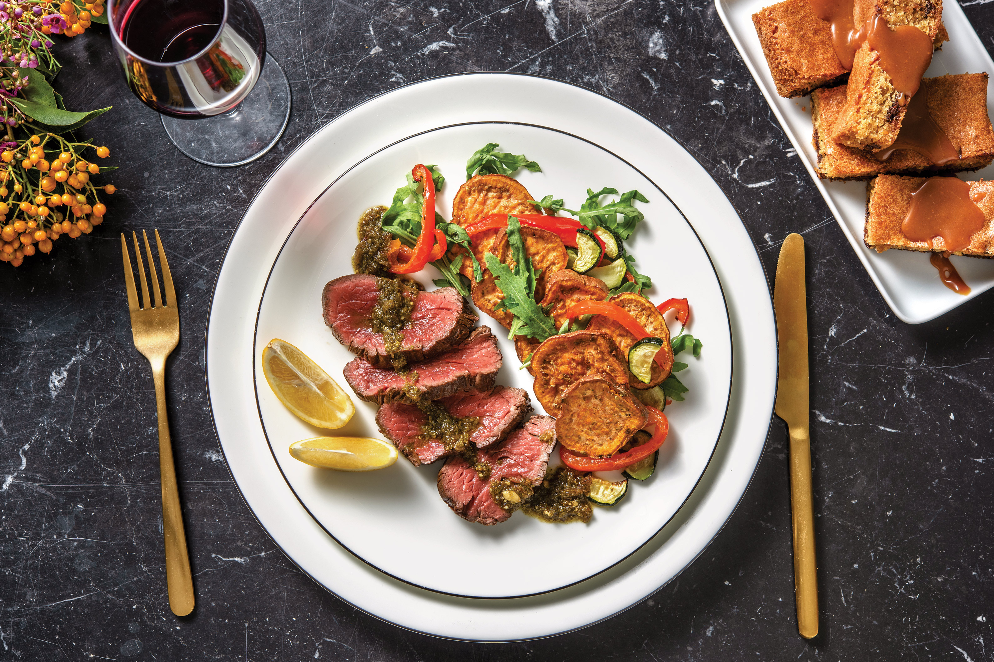 Seared Fillet Steak & Pesto Butter Sauce with Roast Veggie Salad