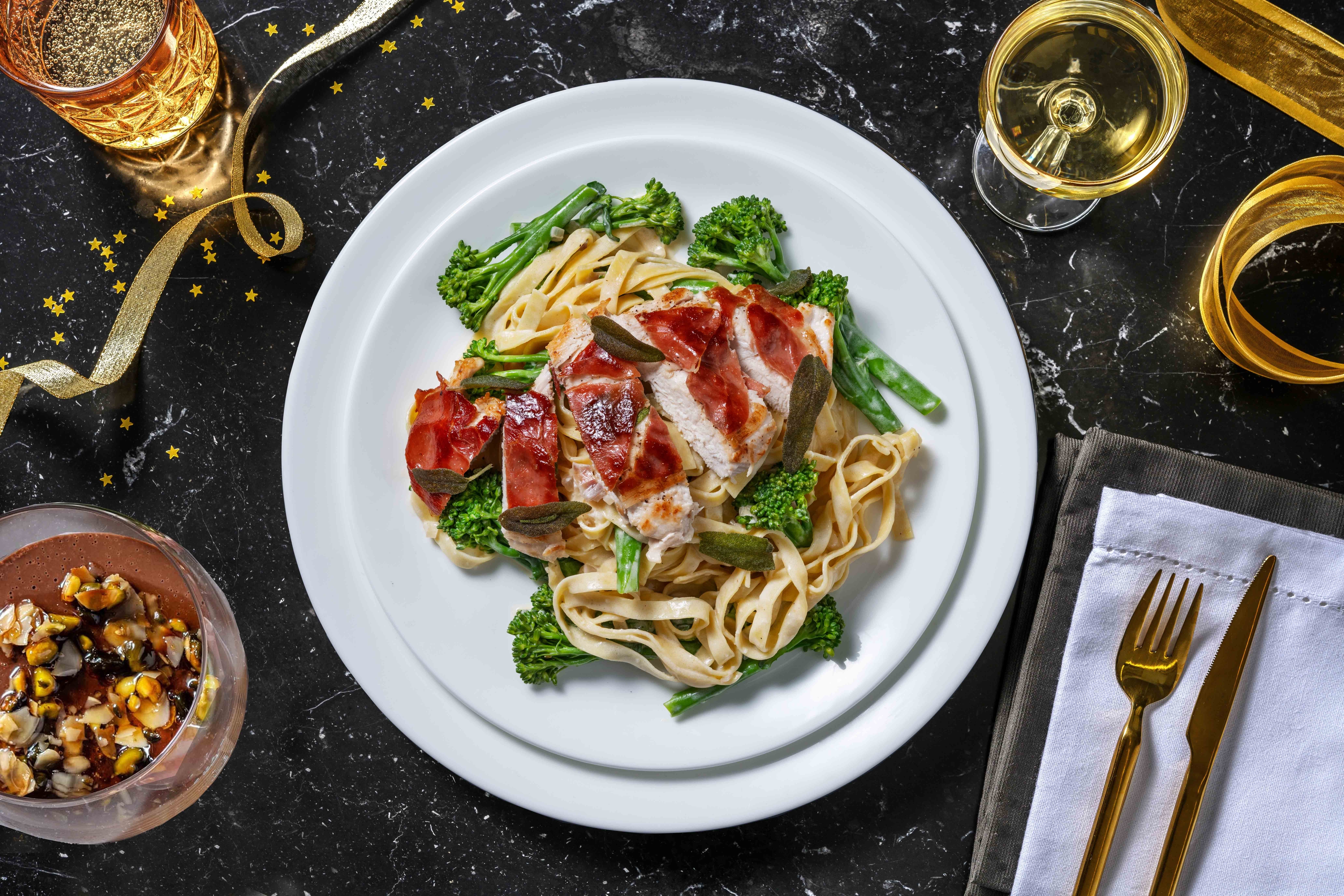 Serrano Ham Wrapped Chicken Saltimbocca with Creamy Tagliatelle and Tenderstem®