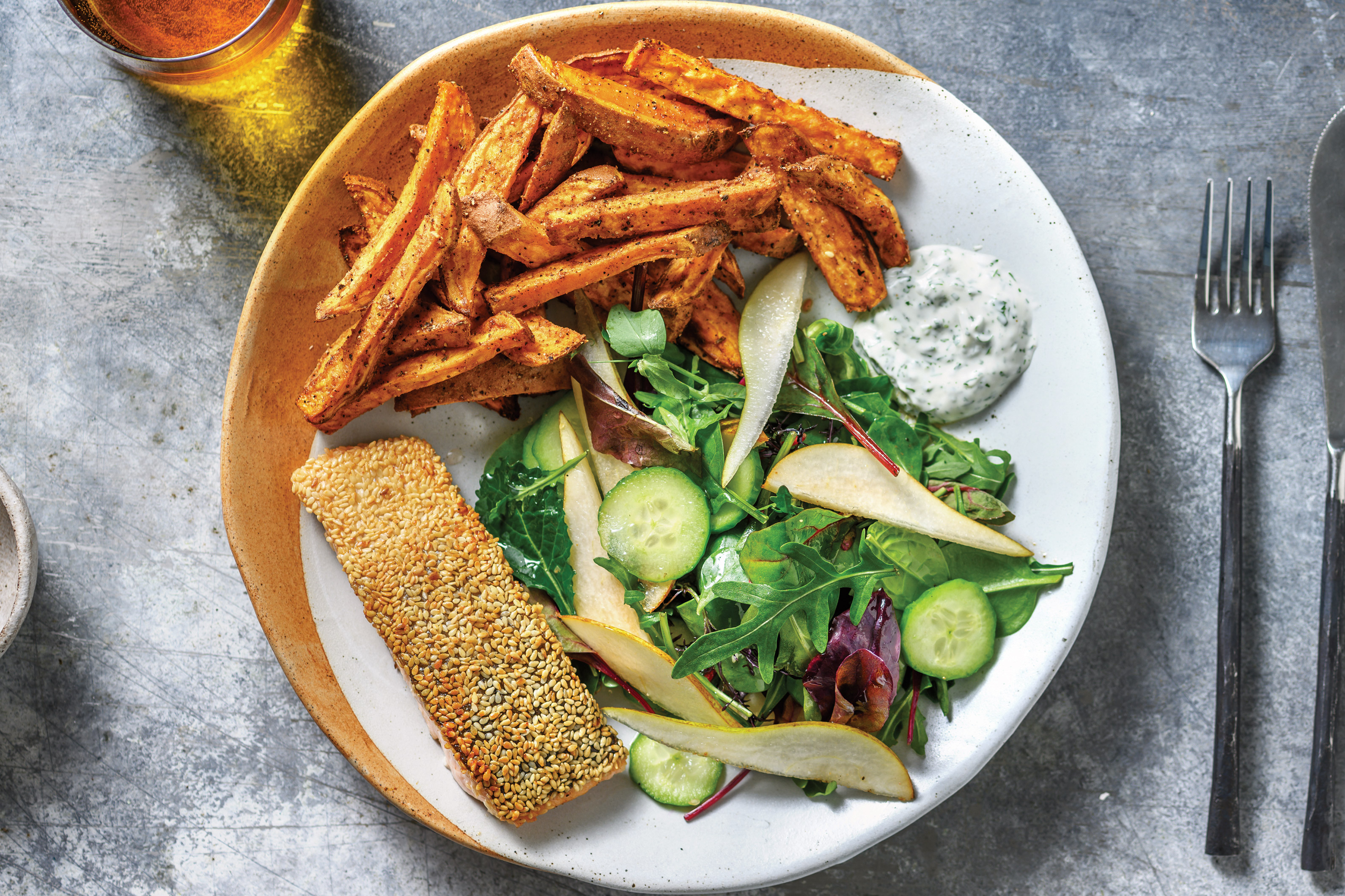 Sesame-Crusted Salmon & Sweet Potato Fries