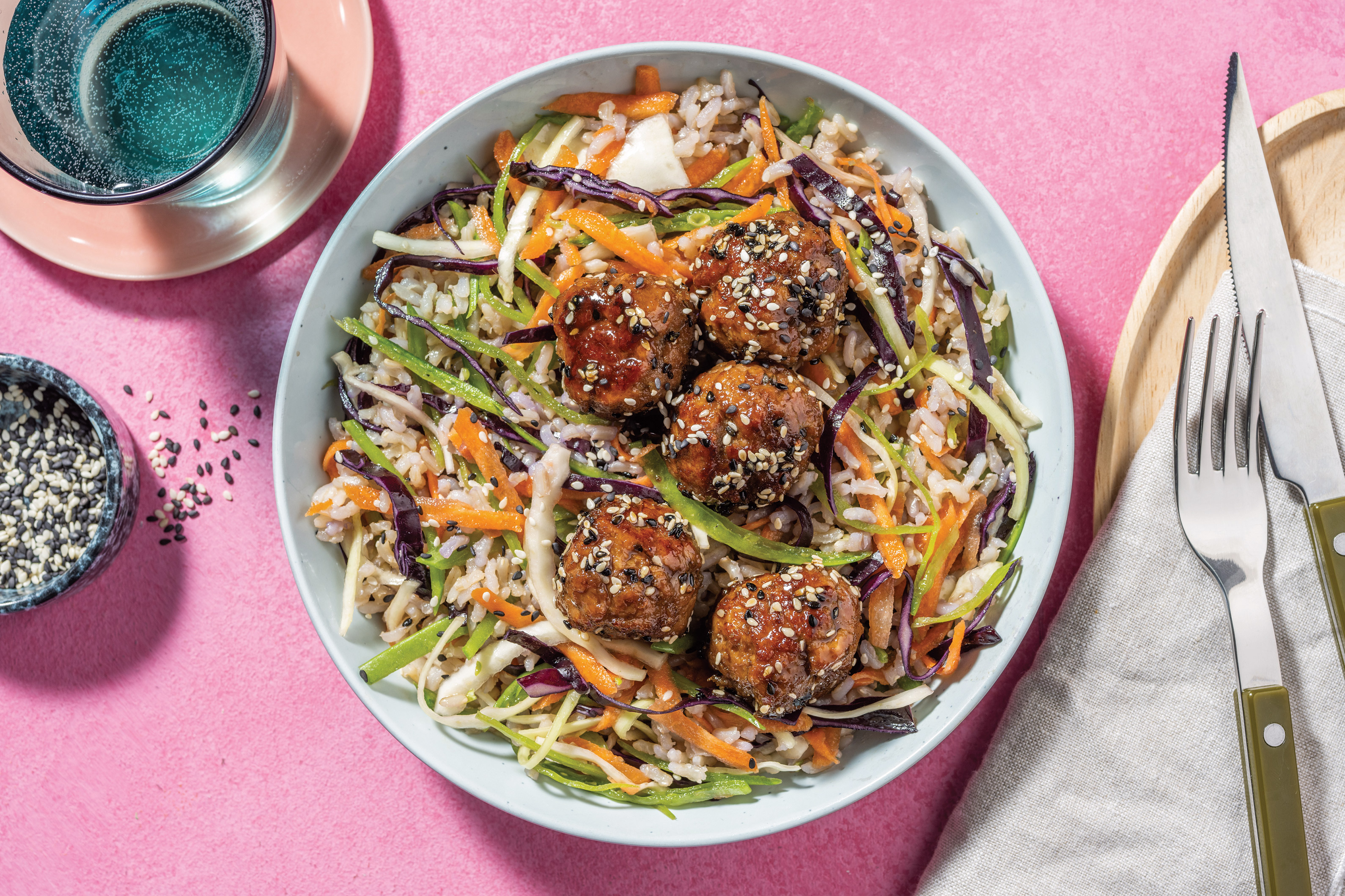 Sesame-Honey Beef Meatballs & Brown Rice