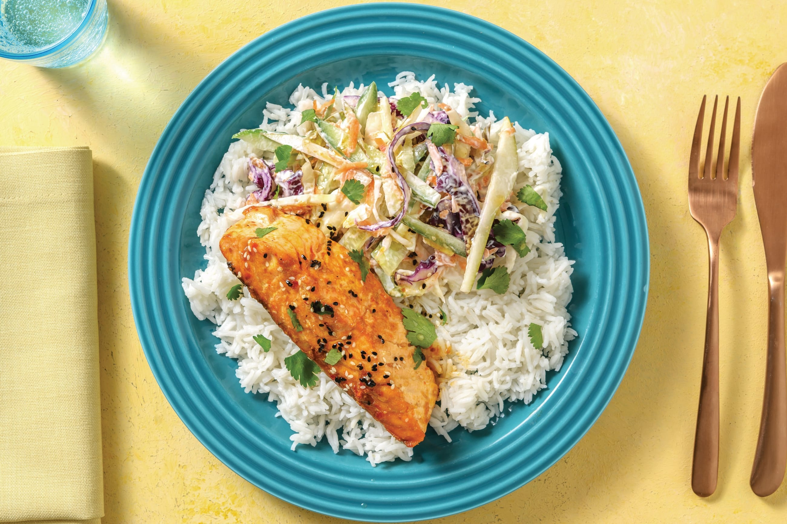 Sichuan-Glazed Salmon with Creamy Slaw & Rice