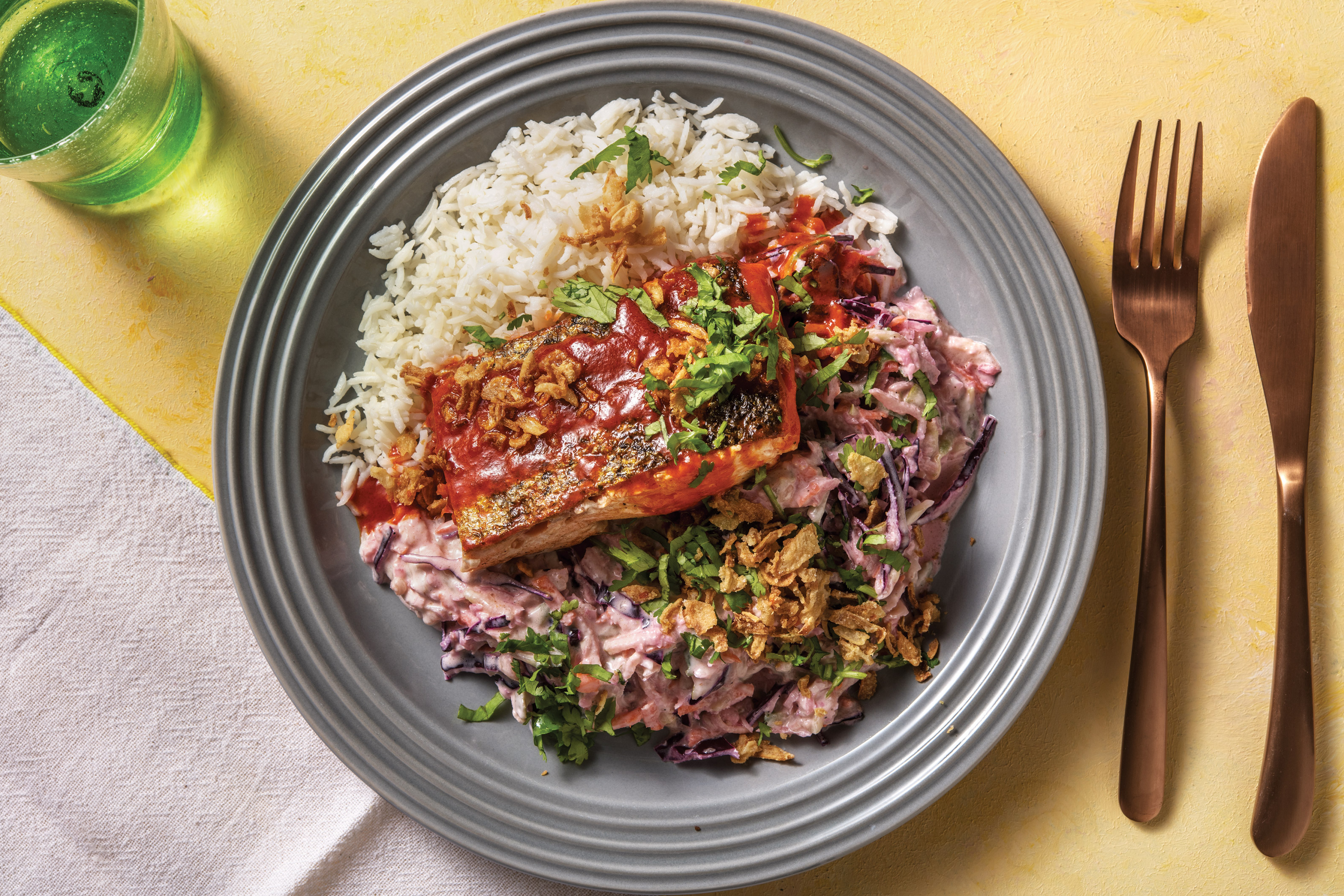 Sichuan-Glazed Salmon with Creamy Slaw & Rice